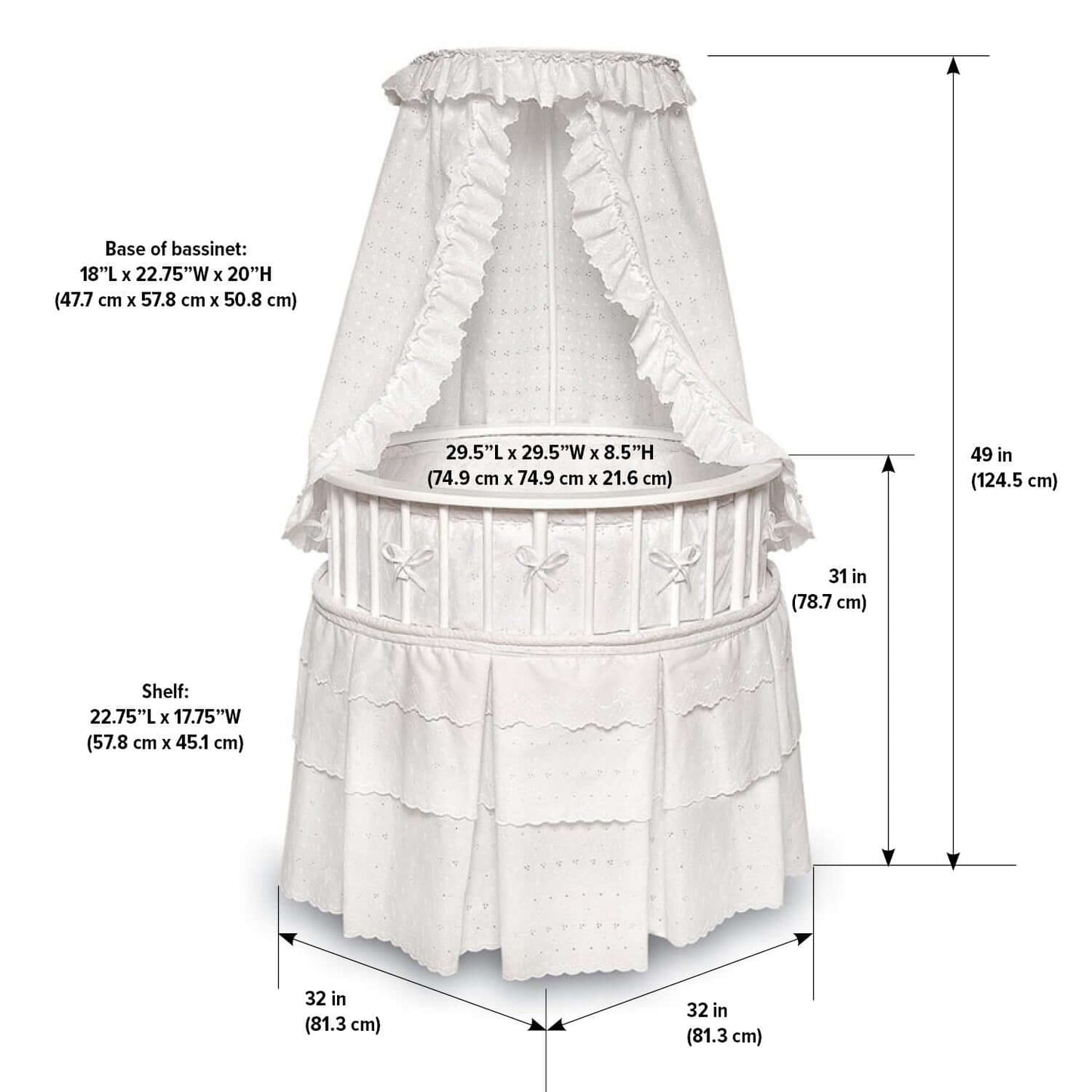 Elegance Round Baby Bassinet with Canopy - Dimension Image of Elegance Round Baby Bassinet with Canopy White