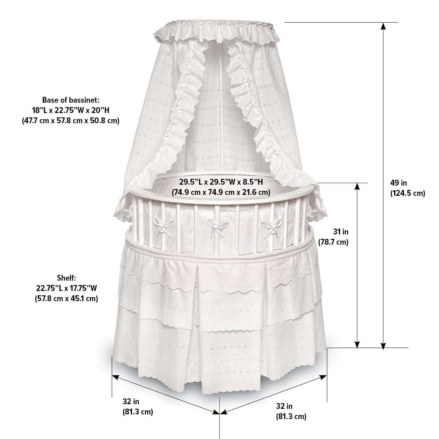 Elegance Round Baby Bassinet with Canopy - Dimension Image of Elegance Round Baby Bassinet with Canopy White