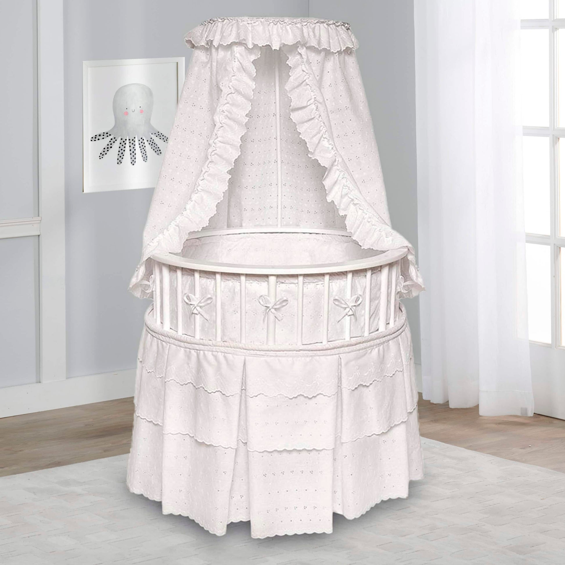 Elegance Round Baby Bassinet with Canopy - Lifestyle Image of Elegance Round Baby Bassinet with Canopy White
