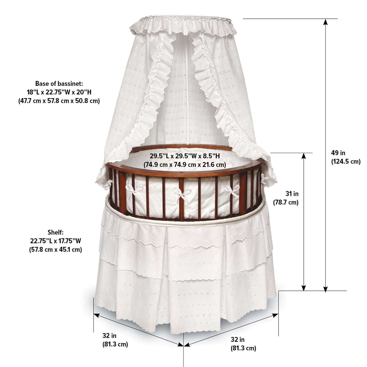 Elegance Round Baby Bassinet with Canopy - Dimension Image of Elegance Round Baby Bassinet with Canopy Cherry
