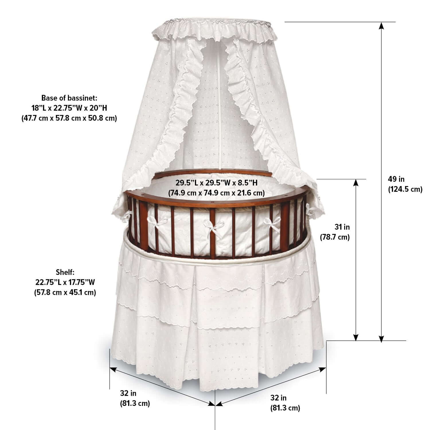 Elegance Round Baby Bassinet with Canopy - Dimension Image of Elegance Round Baby Bassinet with Canopy Cherry