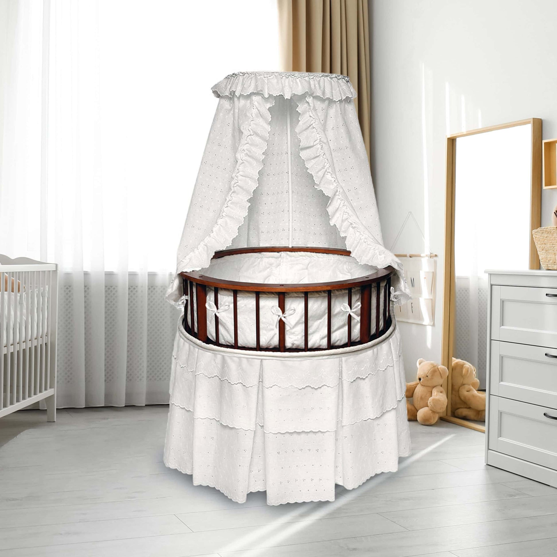Elegance Round Baby Bassinet with Canopy - Lifestyle Image of Elegance Round Baby Bassinet with Canopy Cherry
