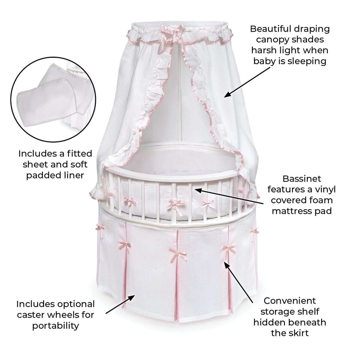 Elegance Round Baby Bassinet with Canopy - Feature Image of Elegance Round Baby Bassinet with Canopy Pink