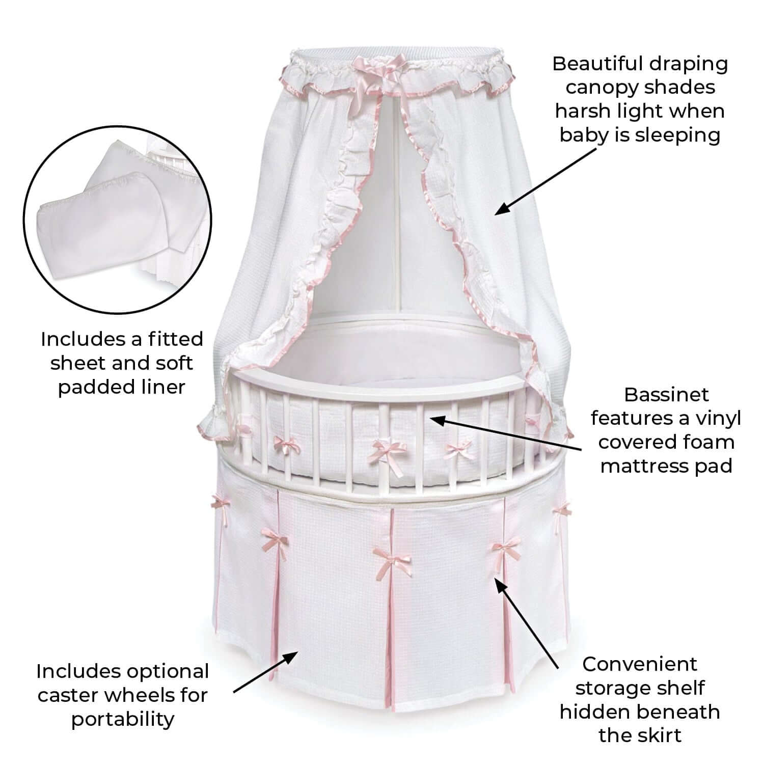 Elegance Round Baby Bassinet with Canopy - Feature Image of Elegance Round Baby Bassinet with Canopy Pink