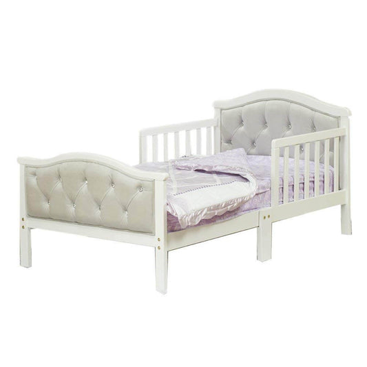 French White Padded Gray Toddler Bed - Inclined Side View of French White Padded Gray Toddler Bed