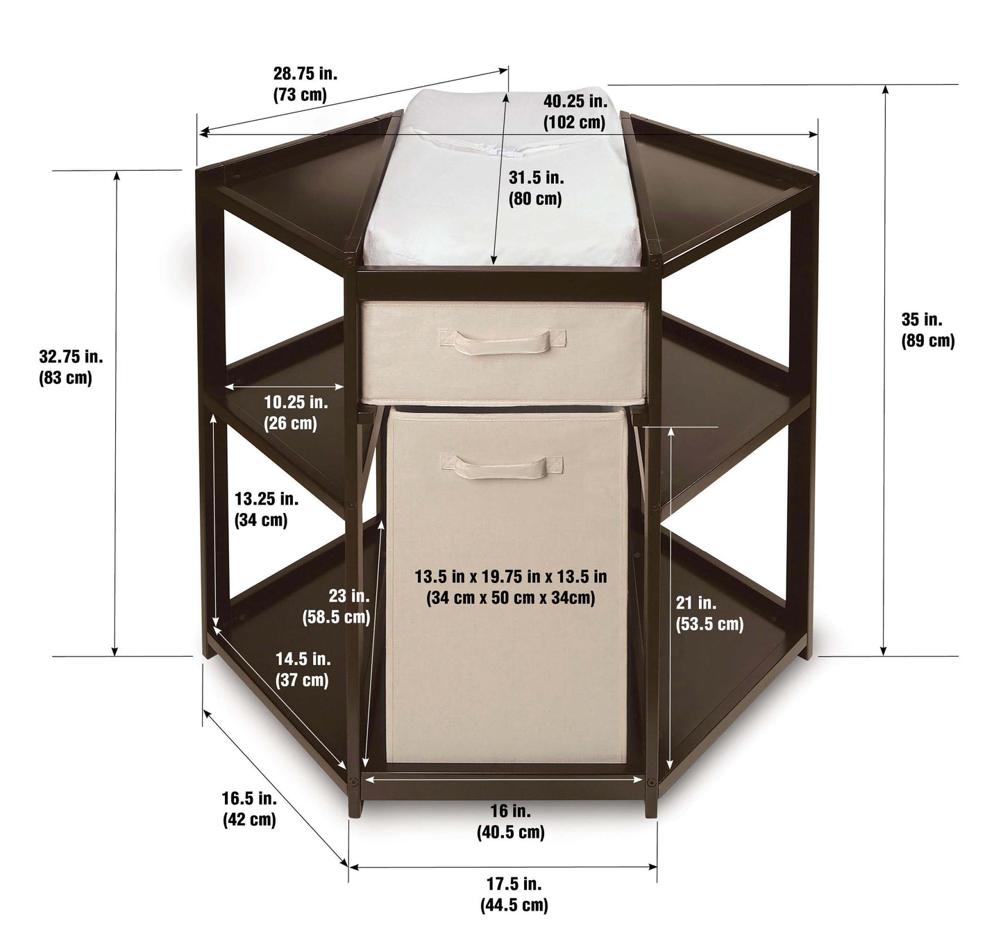 Diaper Corner Baby Changing Table with Hamper and Basket - Dimension Image of Diaper Corner Baby Changing Table with Hamper and Basket Espresso