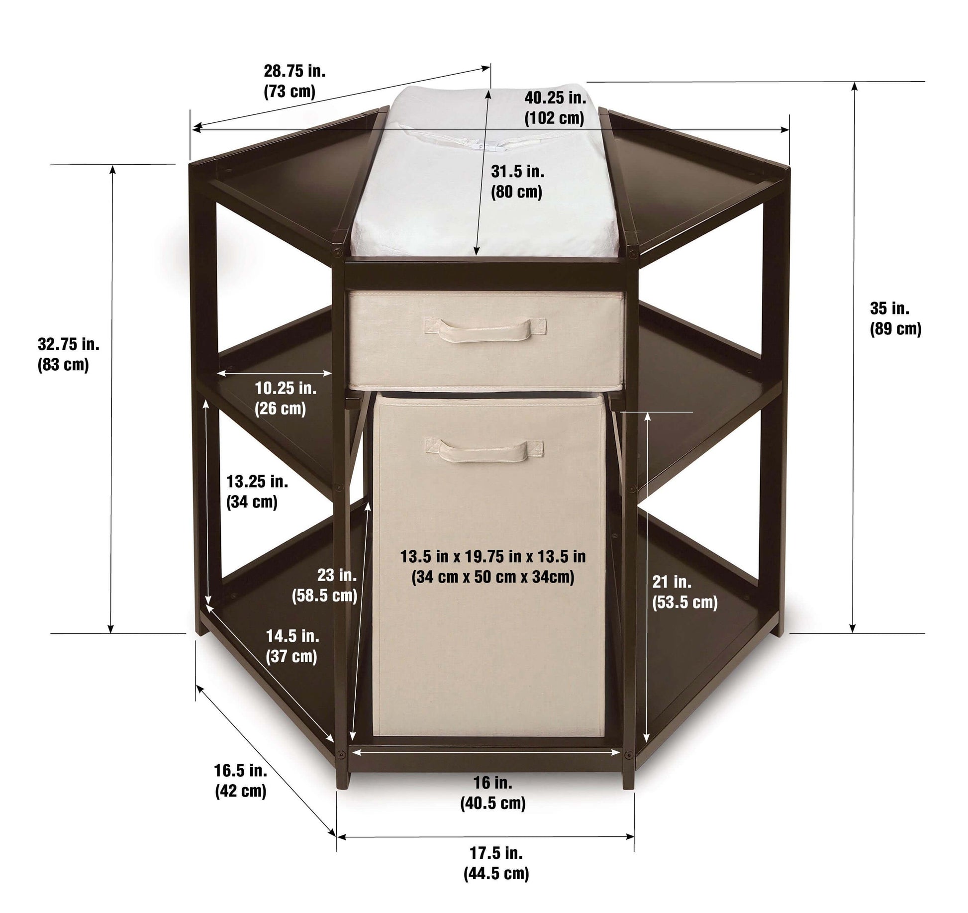 Diaper Corner Baby Changing Table with Hamper and Basket - Dimension Image of Diaper Corner Baby Changing Table with Hamper and Basket Espresso