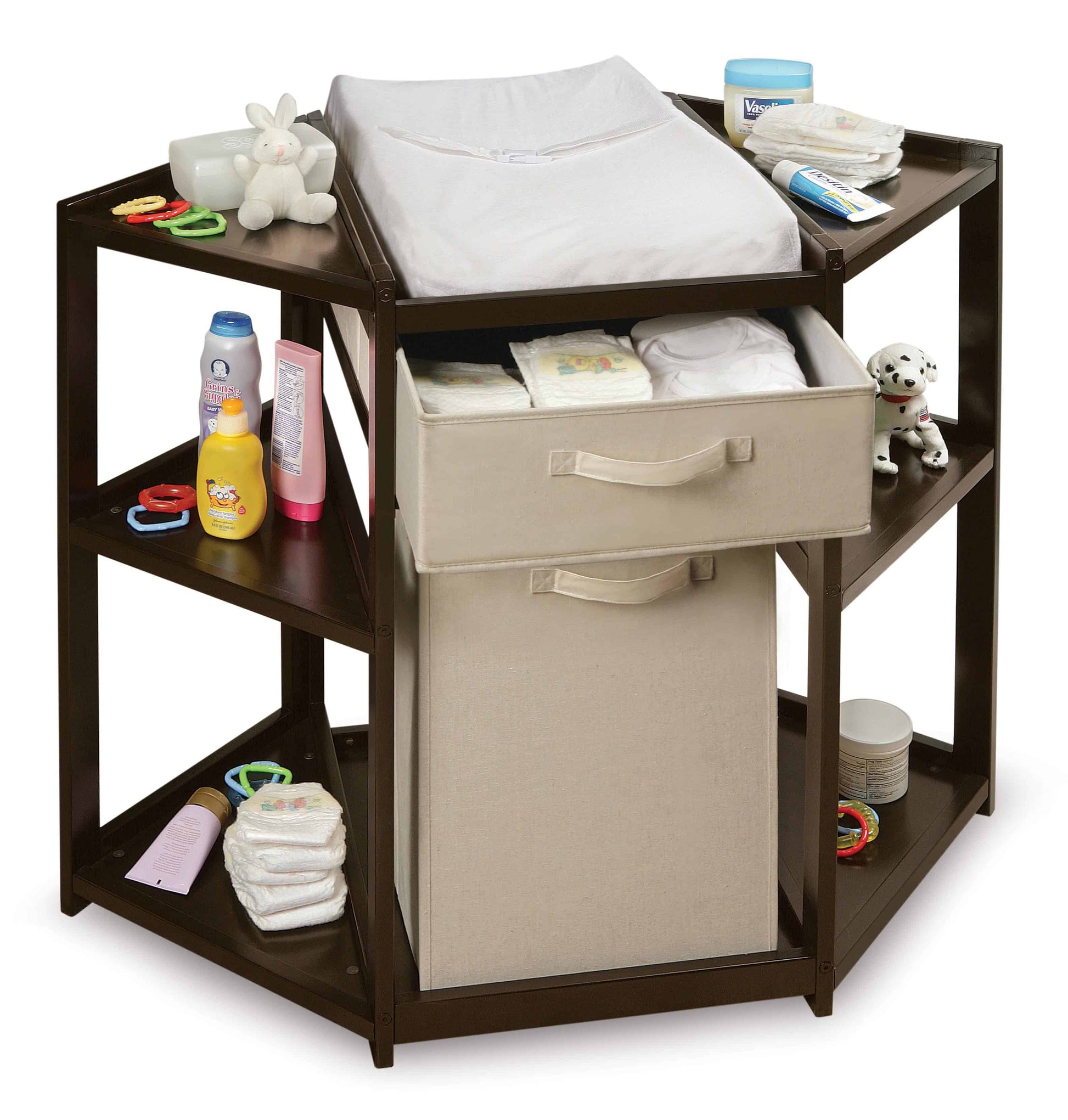 Diaper Corner Baby Changing Table with Hamper and Basket - Inclined Front View of Diaper Corner Baby Changing Table with Open Hamper and Basket Espresso