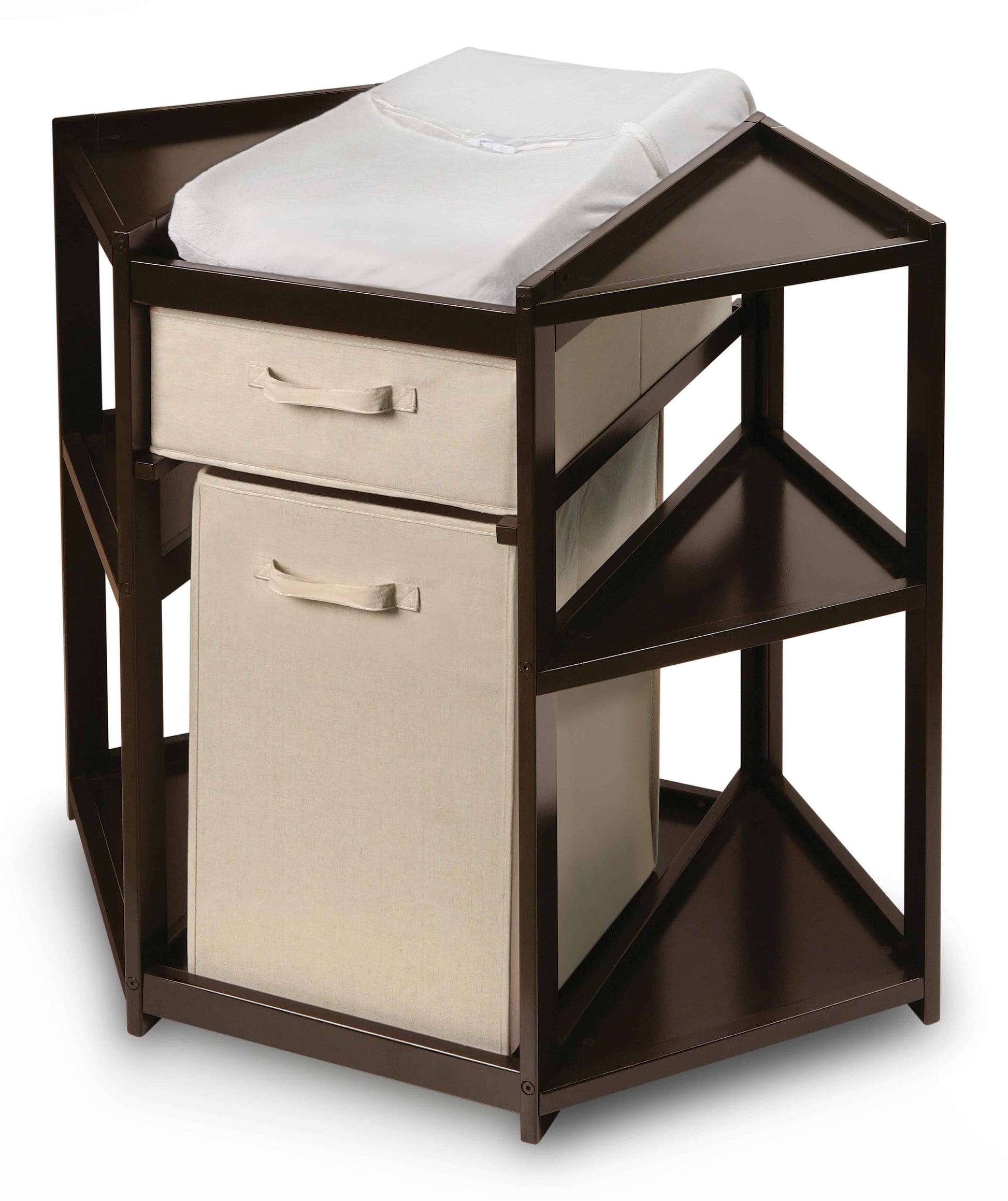 Diaper Corner Baby Changing Table with Hamper and Basket - Inclined Front View of Diaper Corner Baby Changing Table with Hamper and Basket Espresso