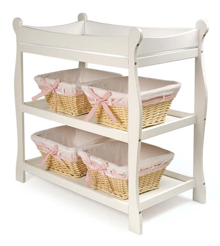 Sleigh Style Baby Changing Table - Inclined Side View of Sleigh Style Baby Changing Table White In Usage
