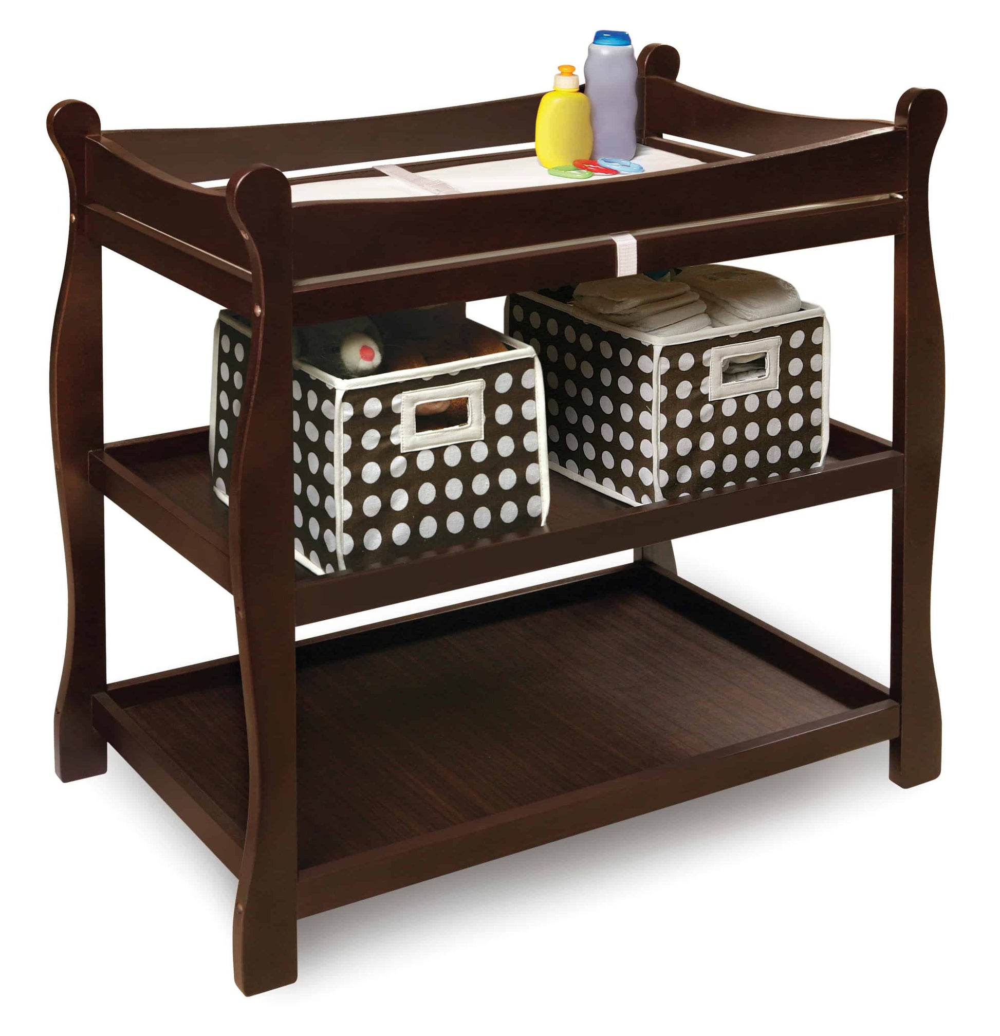 Sleigh Style Baby Changing Table - Inclined Side View of Sleigh Style Baby Changing Table Espresso In Usage