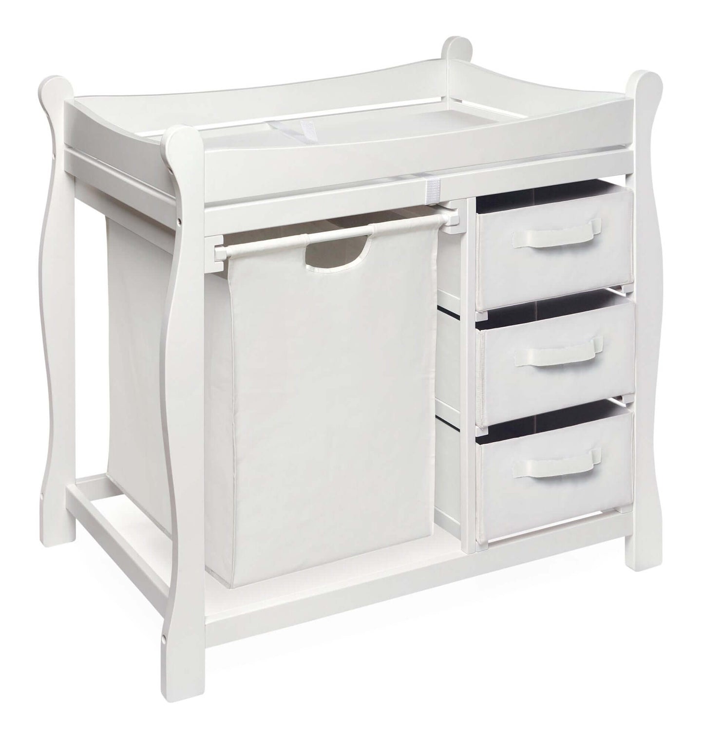 Sleigh Style Baby Changing Table with Hamper and 3 Baskets - Inclined Side View of Sleigh Style Baby Changing Table with Hamper and 3 Baskets White