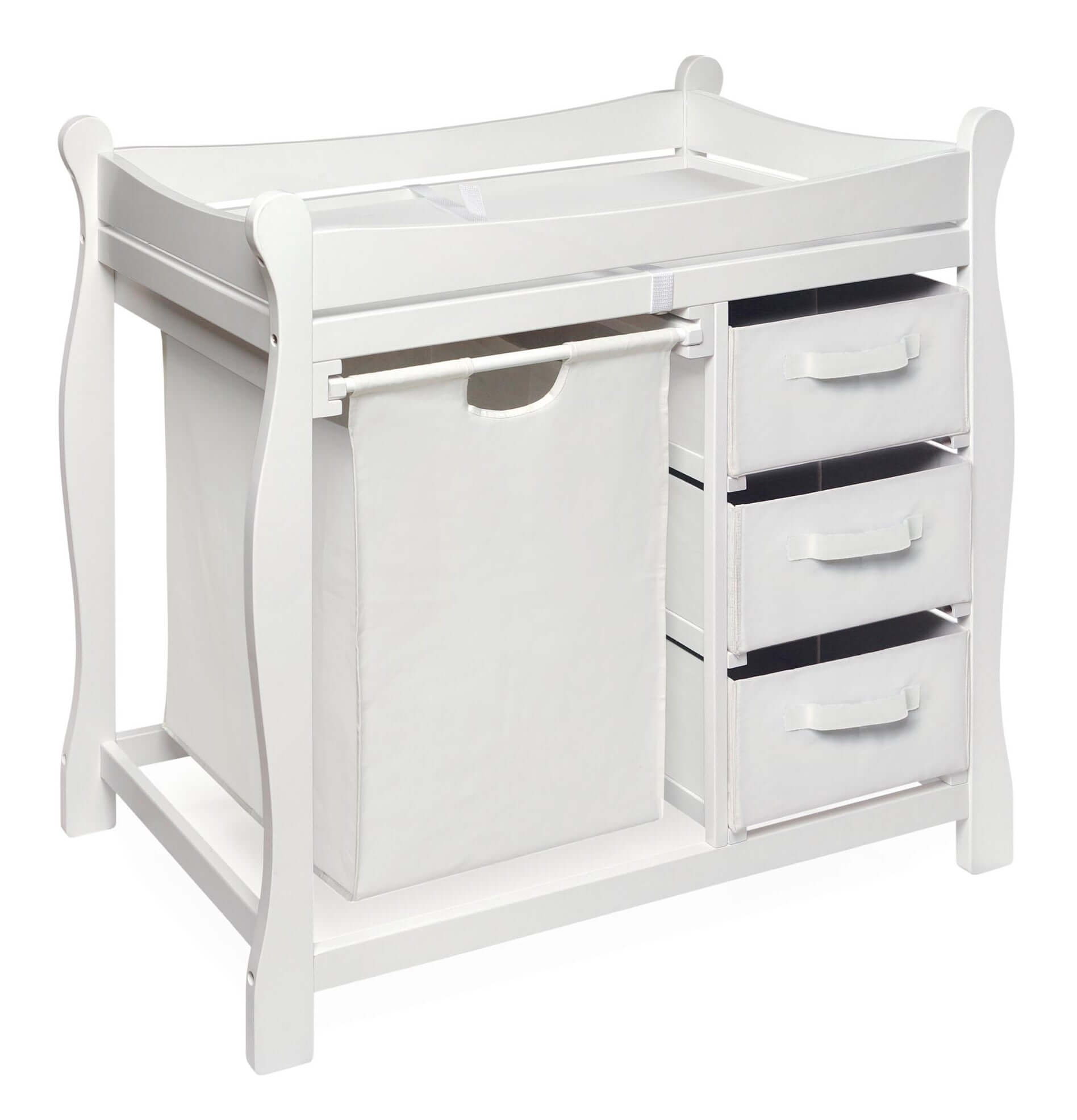 Sleigh Style Baby Changing Table with Hamper and 3 Baskets - Inclined Side View of Sleigh Style Baby Changing Table with Hamper and 3 Baskets White