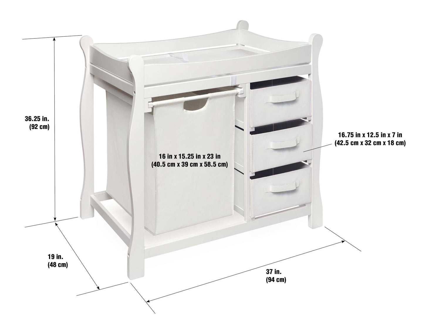 Sleigh Style Baby Changing Table with Hamper and 3 Baskets - Dimension Image of Sleigh Style Baby Changing Table with Hamper and 3 Baskets White