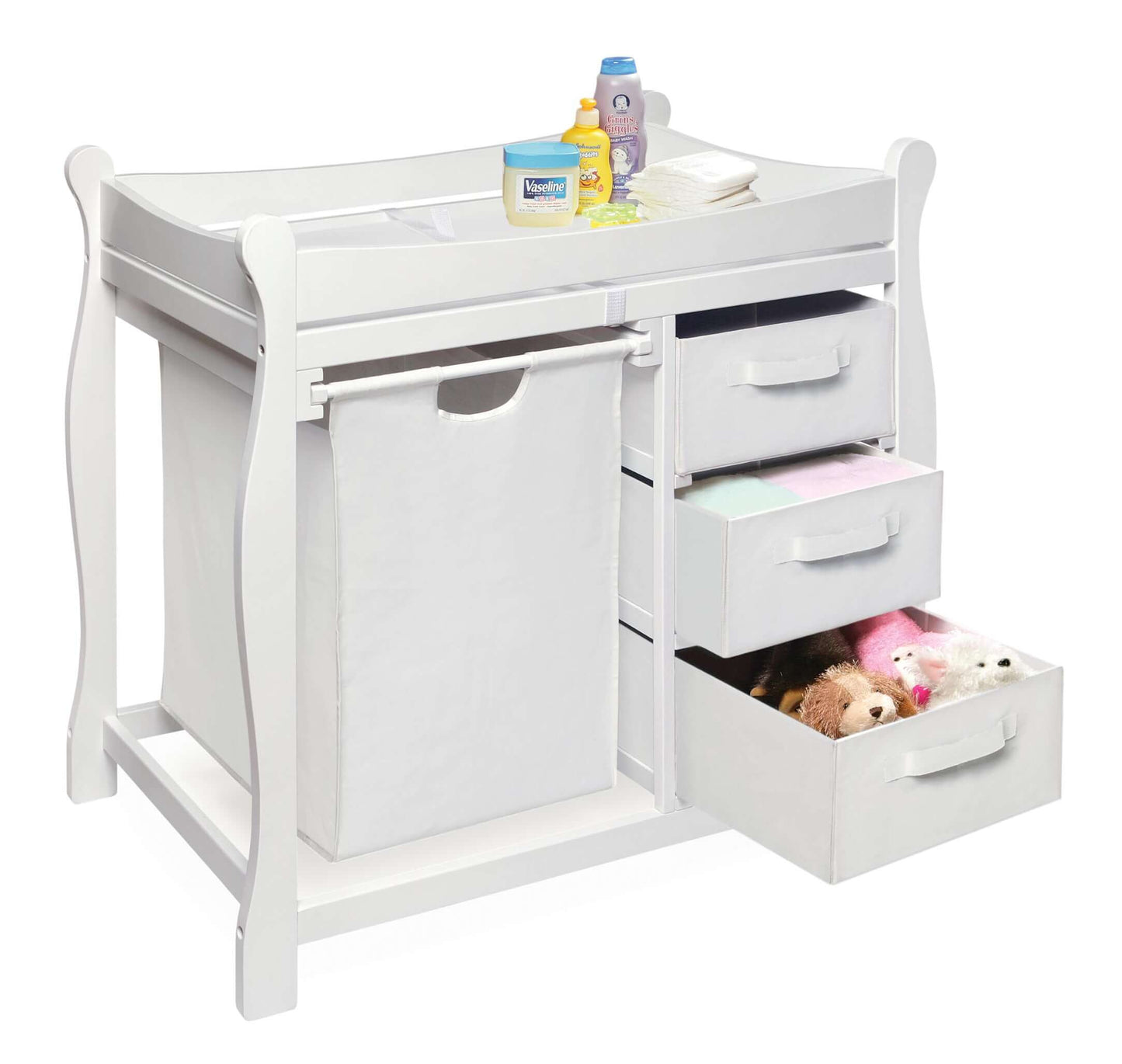Sleigh Style Baby Changing Table with Hamper and 3 Baskets - Inclined Side View of Open Drawer Sleigh Style Baby Changing Table with Hamper and 3 Baskets White