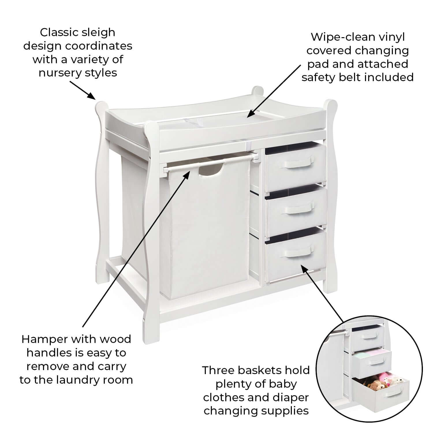 Sleigh Style Baby Changing Table with Hamper and 3 Baskets - Feature Image of Sleigh Style Baby Changing Table with Hamper and 3 Baskets White