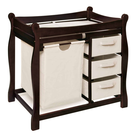 Sleigh Style Baby Changing Table with Hamper and 3 Baskets - Inclined Side View of Sleigh Style Baby Changing Table with Hamper and 3 Baskets Espresso