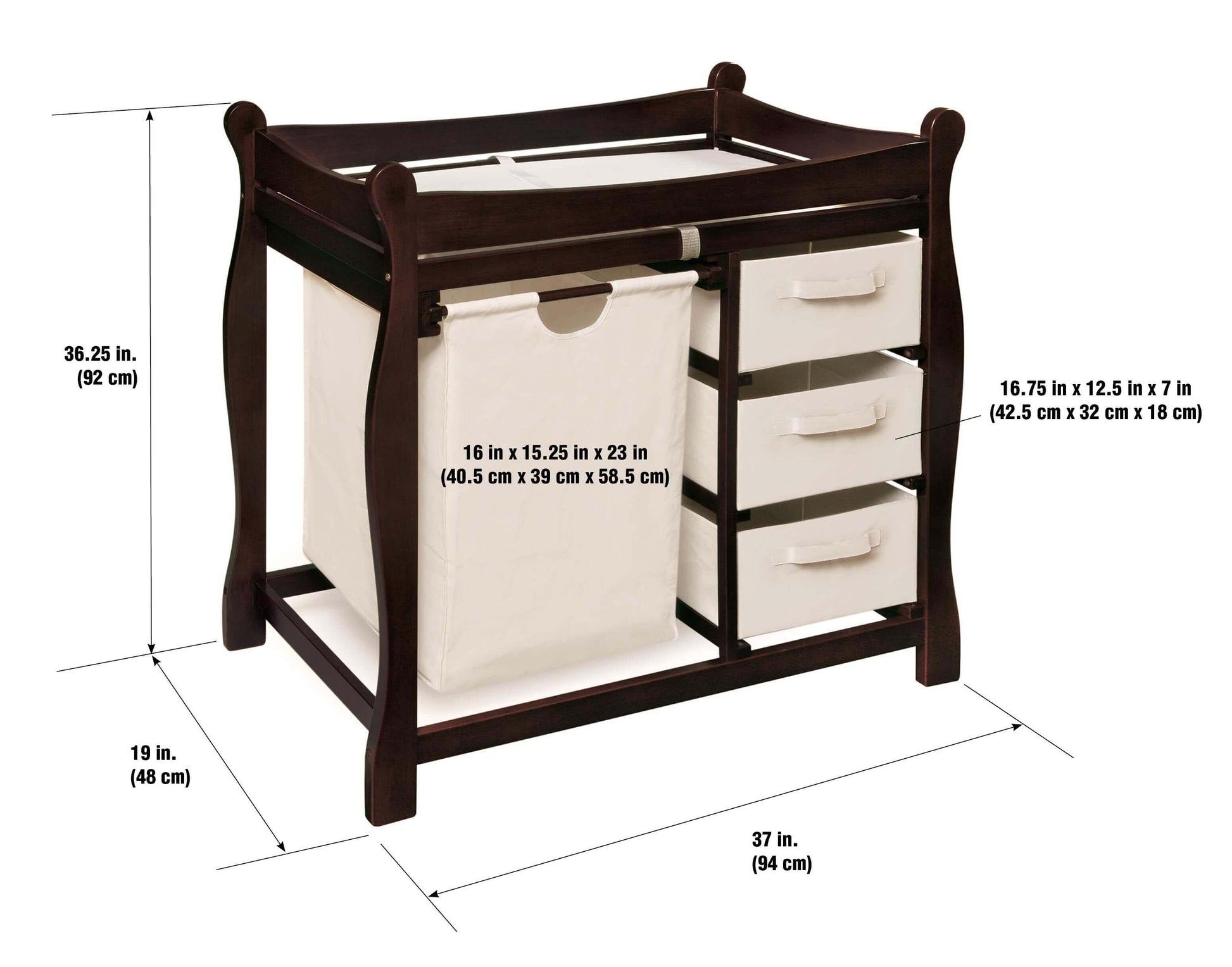 Sleigh Style Baby Changing Table with Hamper and 3 Baskets - Dimension Image of Sleigh Style Baby Changing Table with Hamper and 3 Baskets Espresso