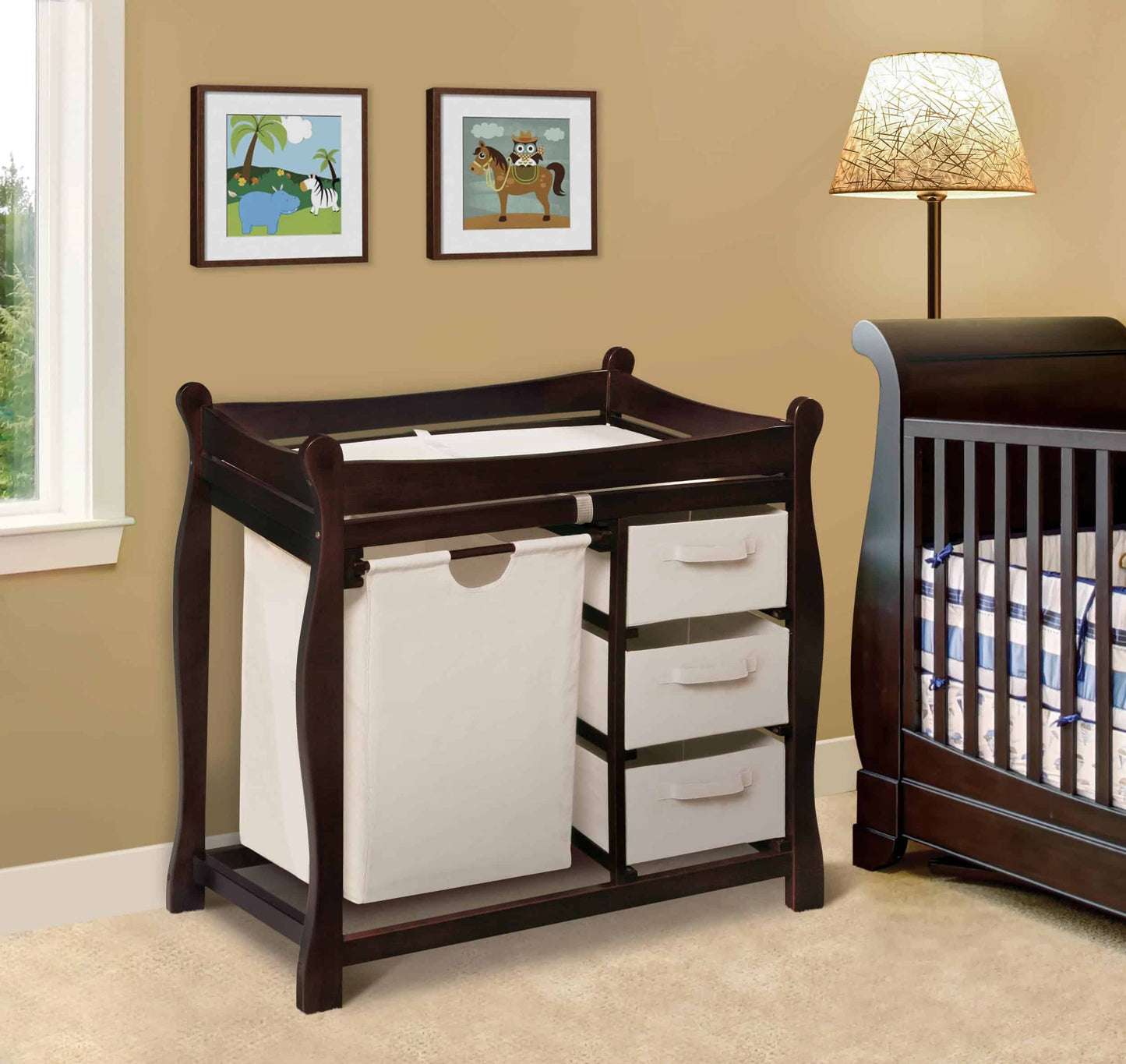 Sleigh Style Baby Changing Table with Hamper and 3 Baskets - Lifestyle Image Inclined Side View of Sleigh Style Baby Changing Table with Hamper and 3 Baskets Espresso