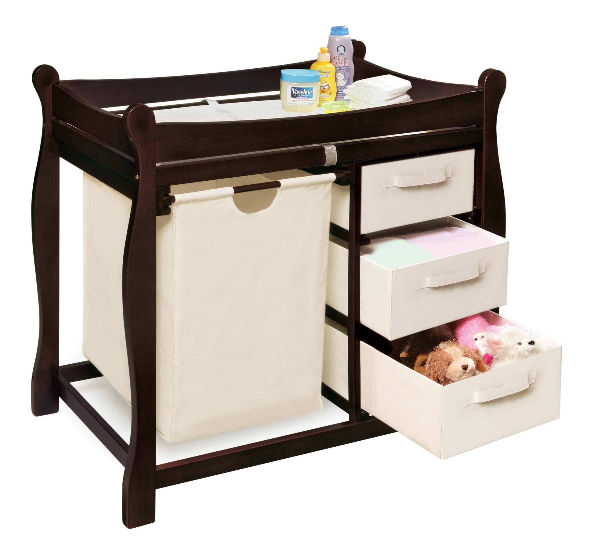 Sleigh Style Baby Changing Table with Hamper and 3 Baskets - Inclined Side View of Open Drawer Sleigh Style Baby Changing Table with Hamper and 3 Baskets Espresso