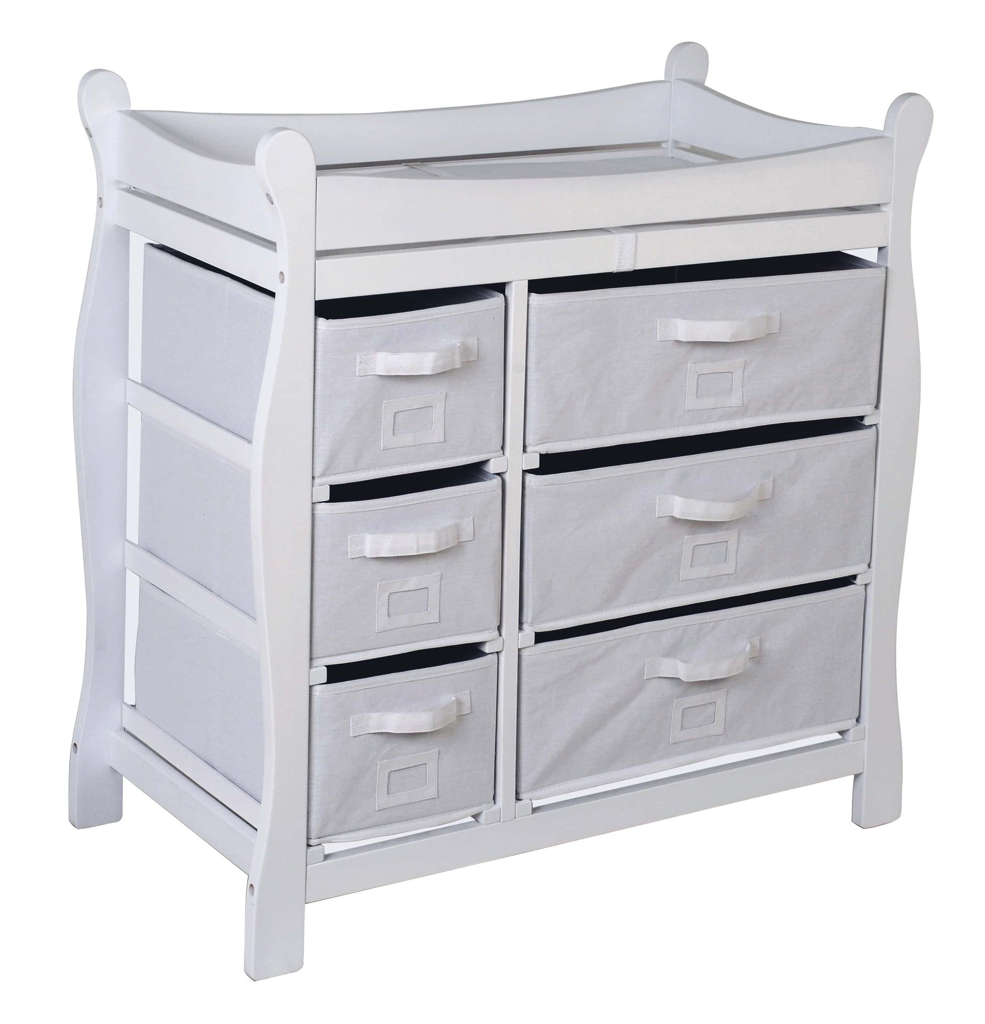 Sleigh Style Baby Changing Table with 6 Baskets - Inclined Side View of Sleigh Style Baby Changing Table with 6 Baskets White