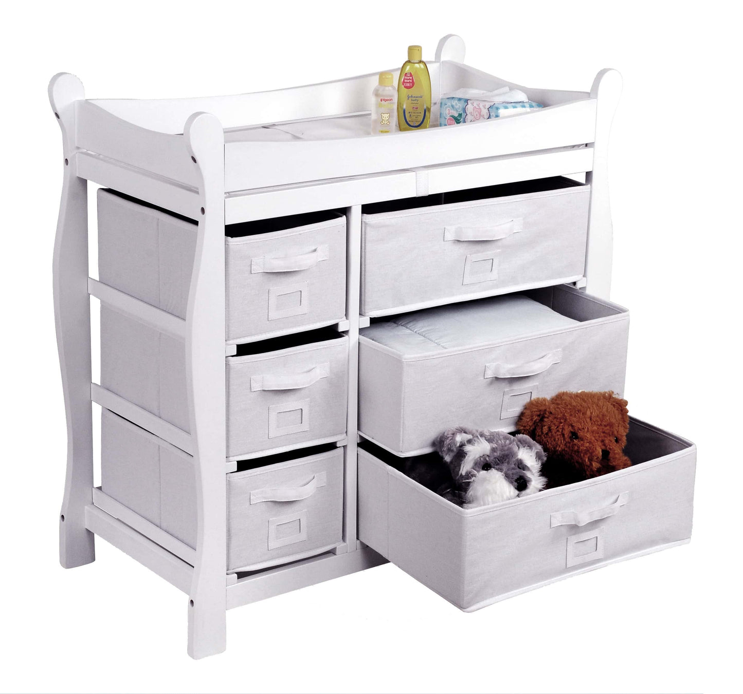 Sleigh Style Baby Changing Table with 6 Baskets - Inclined Side View of Open Drawer Sleigh Style Baby Changing Table with 6 Baskets White