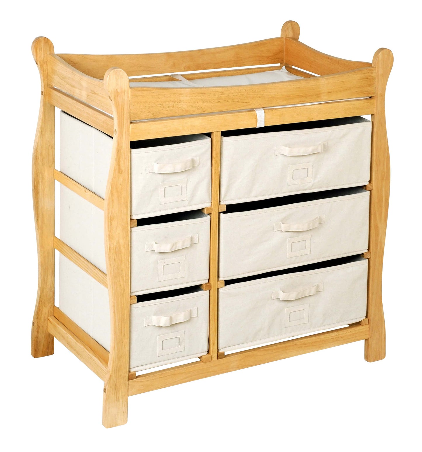 Sleigh Style Baby Changing Table with 6 Baskets - Inclined Side View of Sleigh Style Baby Changing Table with 6 Baskets Natural