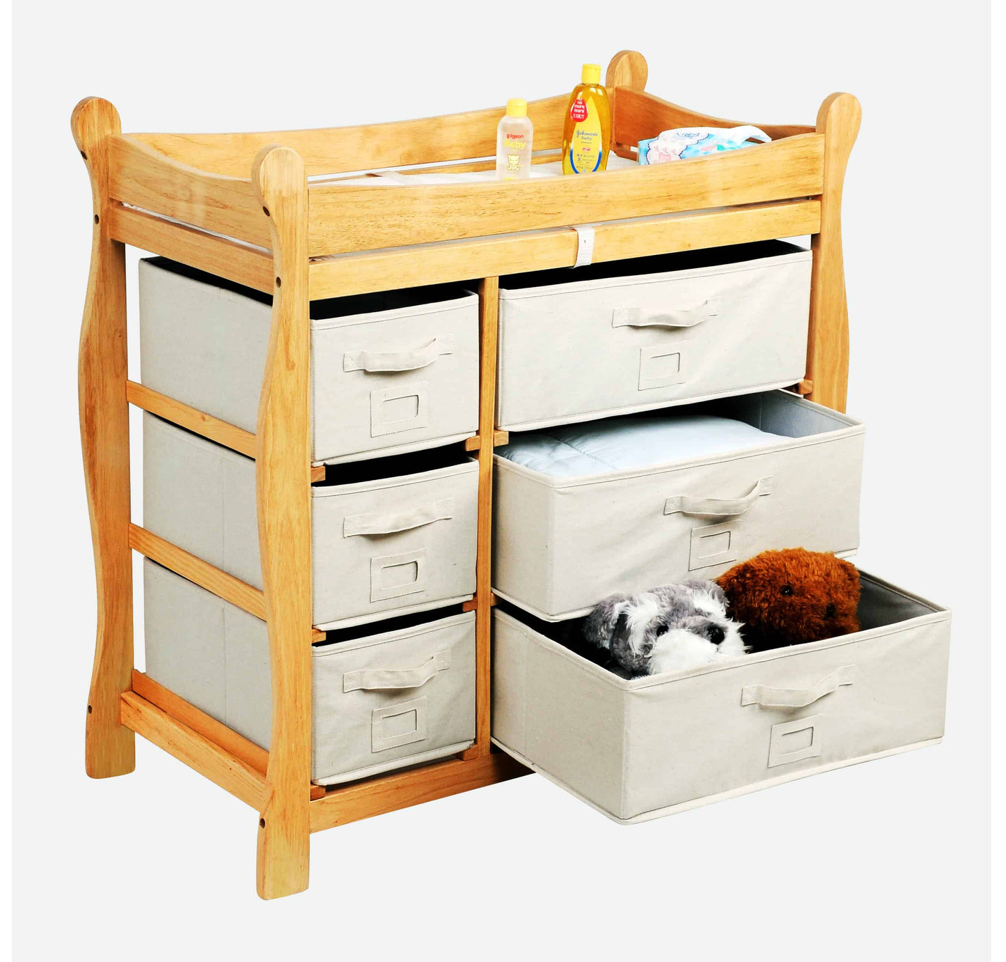 Sleigh Style Baby Changing Table with 6 Baskets - Inclined Side View of Open Sleigh Style Baby Changing Table with 6 Baskets Cherry
