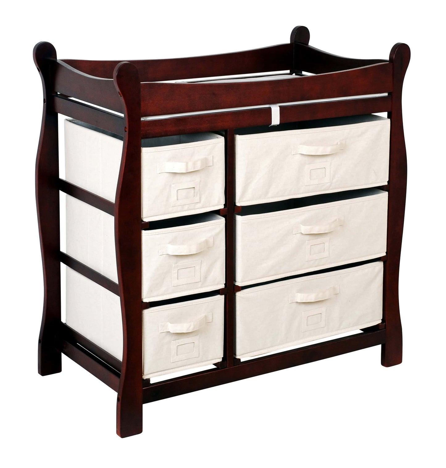 Sleigh Style Baby Changing Table with 6 Baskets - Inclined Side View of Sleigh Style Baby Changing Table with 6 Baskets Cherry