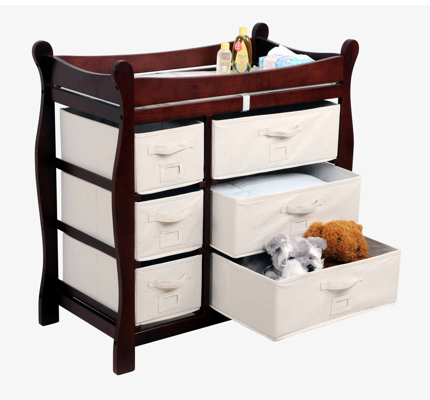 Sleigh Style Baby Changing Table with 6 Baskets - Inclined Side View of Open Drawer Sleigh Style Baby Changing Table with 6 Baskets Cherry