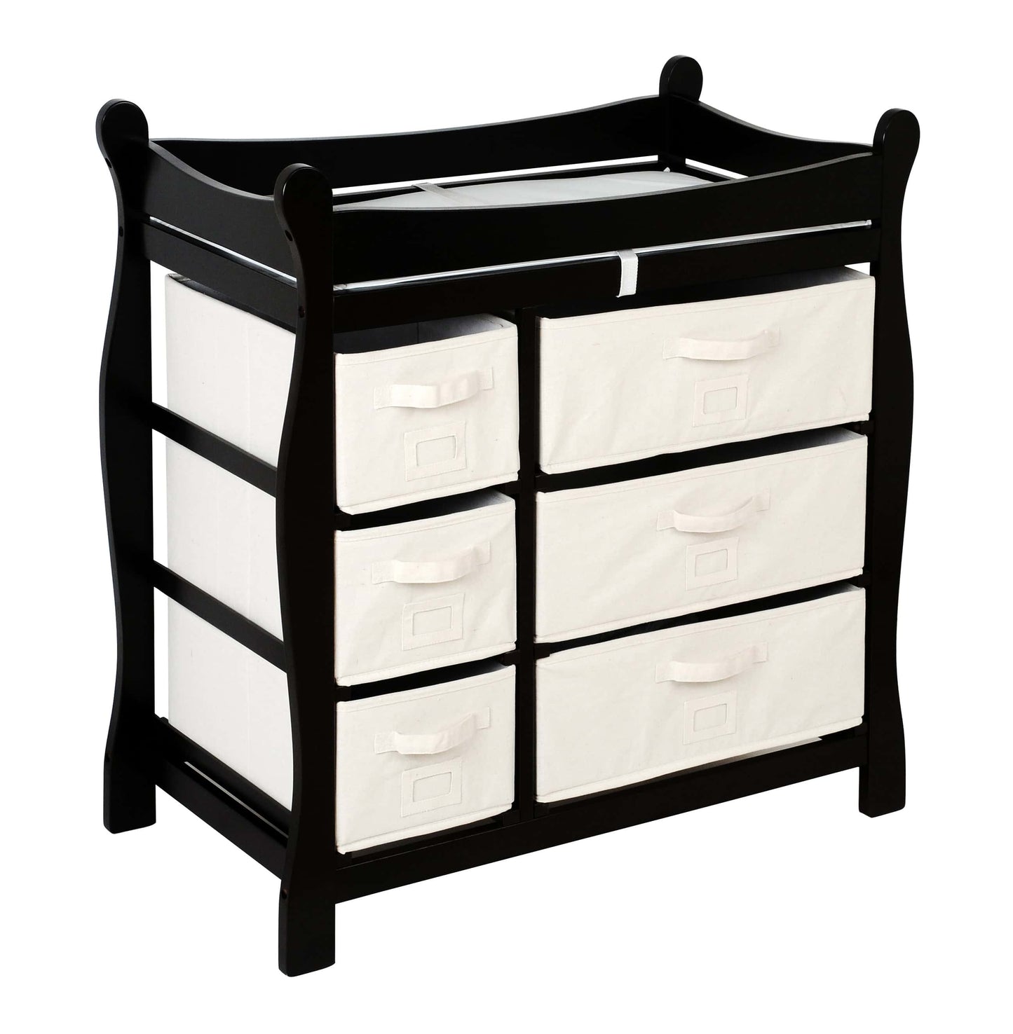 Sleigh Style Baby Changing Table with 6 Baskets - Inclined Side View of Sleigh Style Baby Changing Table with 6 Baskets Black
