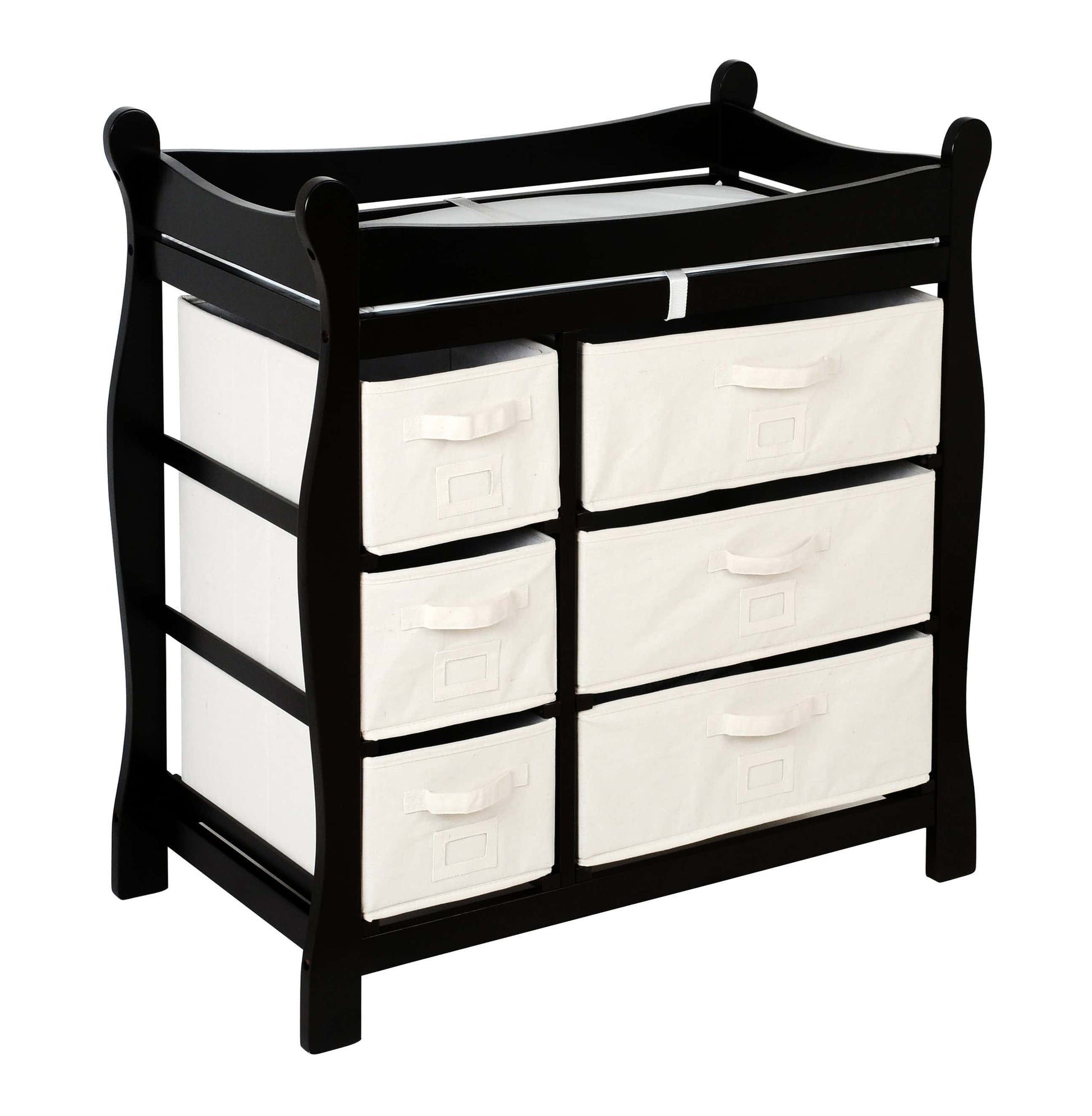 Sleigh Style Baby Changing Table with 6 Baskets - Inclined Side View of Sleigh Style Baby Changing Table with 6 Baskets Black