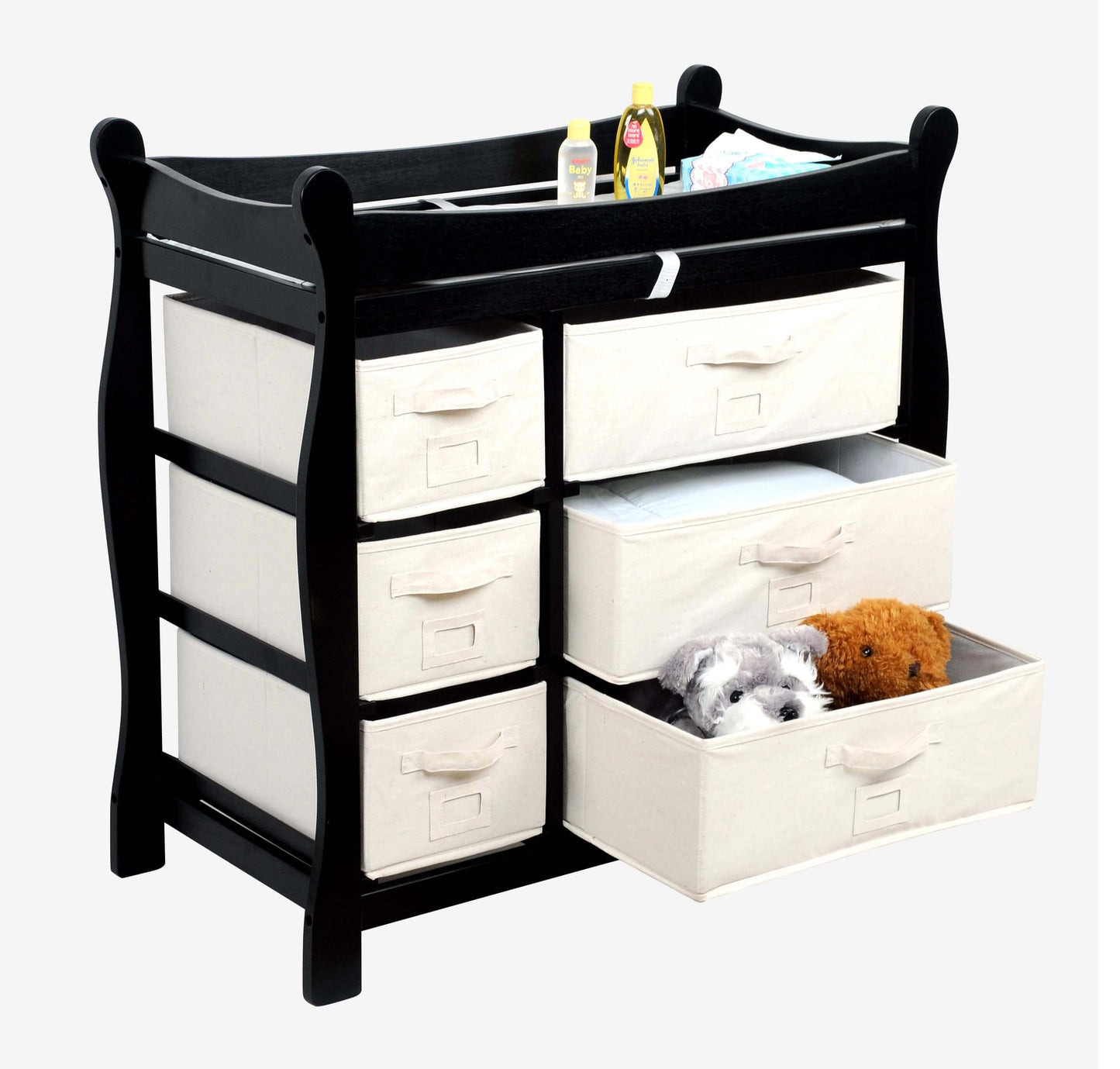 Sleigh Style Baby Changing Table with 6 Baskets - Inclined Side View of Open Drawer Sleigh Style Baby Changing Table with 6 Baskets Black