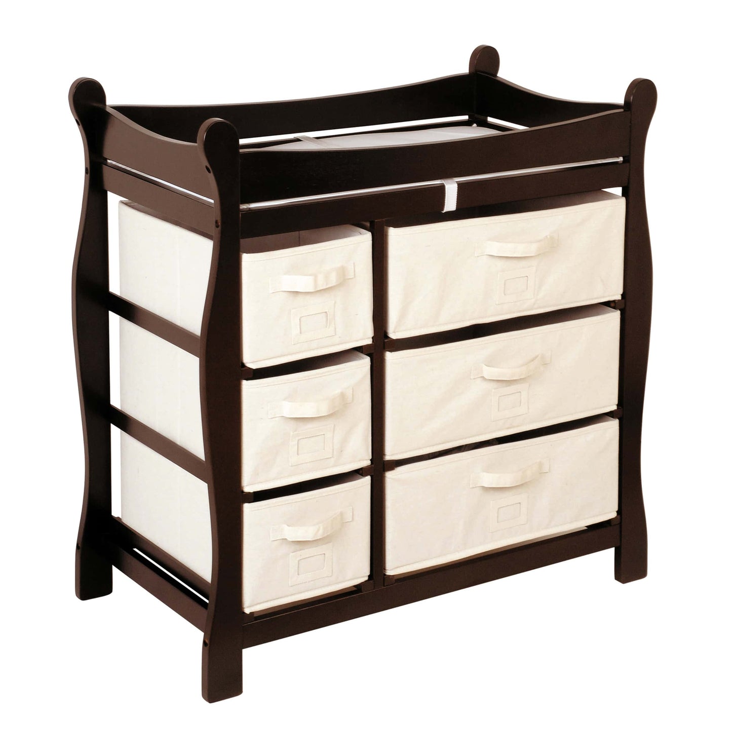 Sleigh Style Baby Changing Table with 6 Baskets - Inclined Side View of Sleigh Style Baby Changing Table with 6 Baskets Espresso