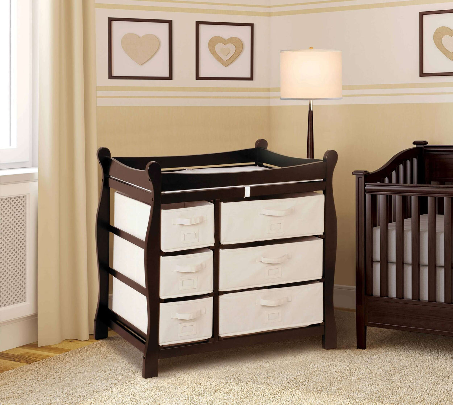 Sleigh Style Baby Changing Table with 6 Baskets -Lifestyle Image Inclined Side View of Sleigh Style Baby Changing Table with 6 Baskets Espresso