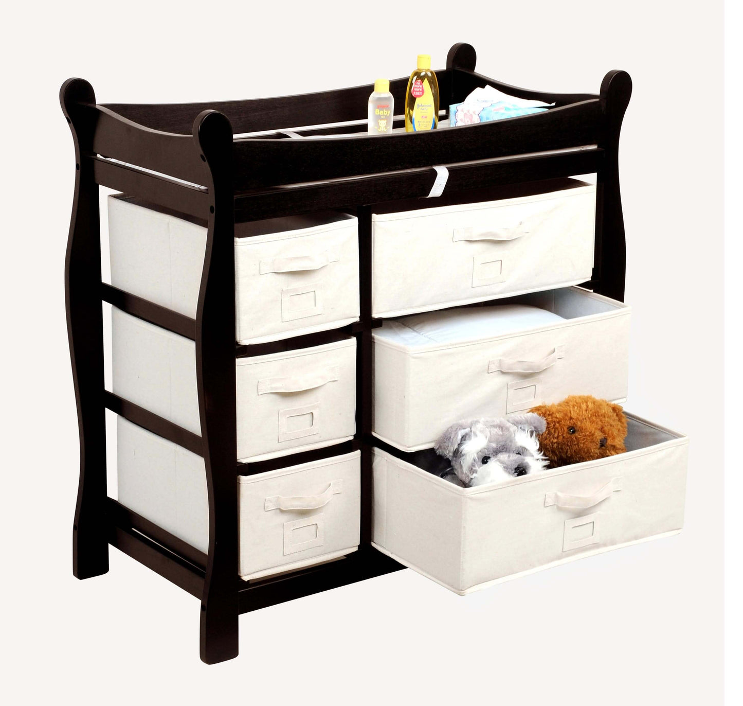 Sleigh Style Baby Changing Table with 6 Baskets - Inclined Side View of Open Drawer Sleigh Style Baby Changing Table with 6 Baskets Espresso