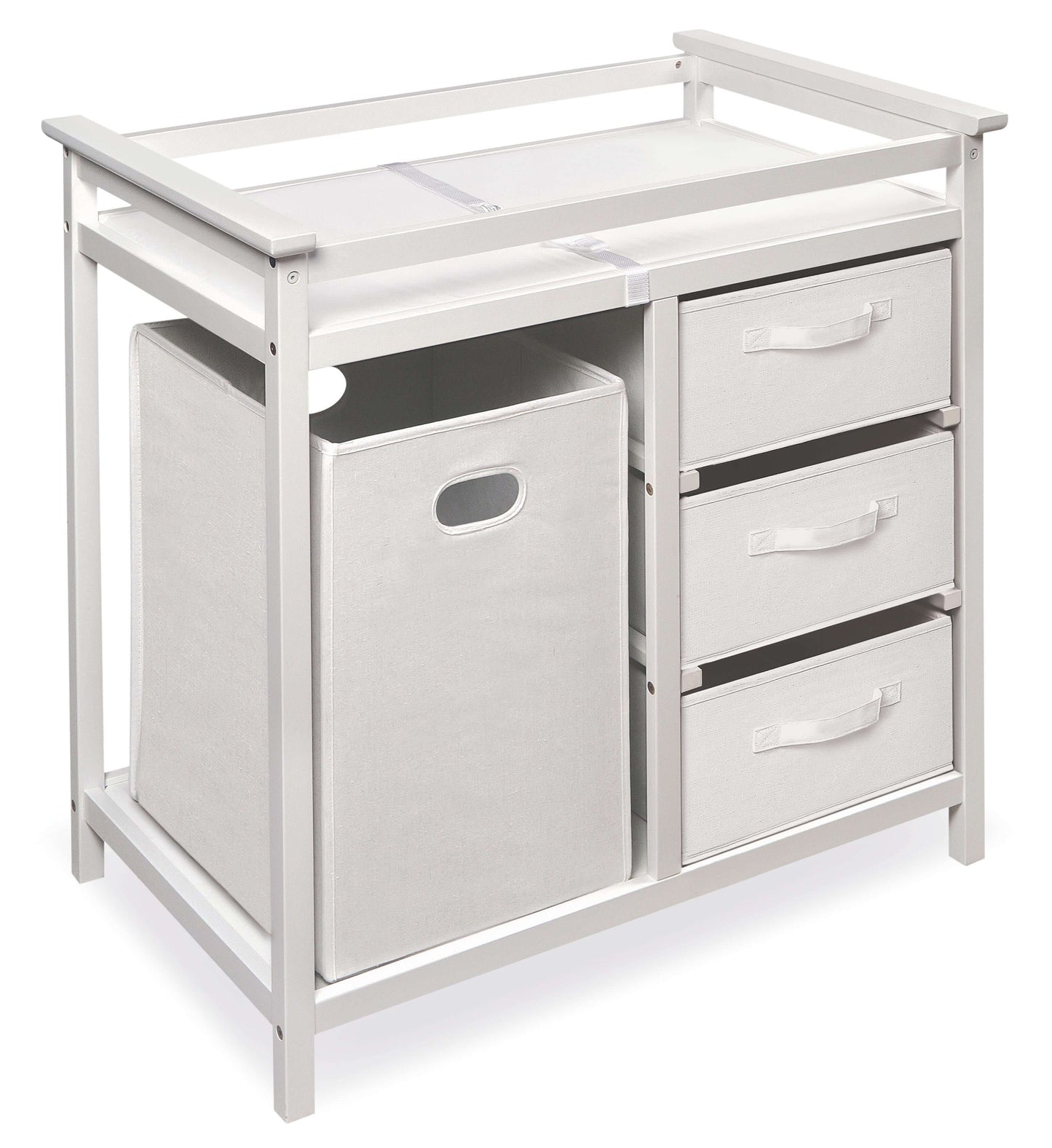Modern Baby Changing Table with Hamper and 3 Baskets - Inclined Side View of Modern Baby Changing Table with Hamper and 3 Baskets White