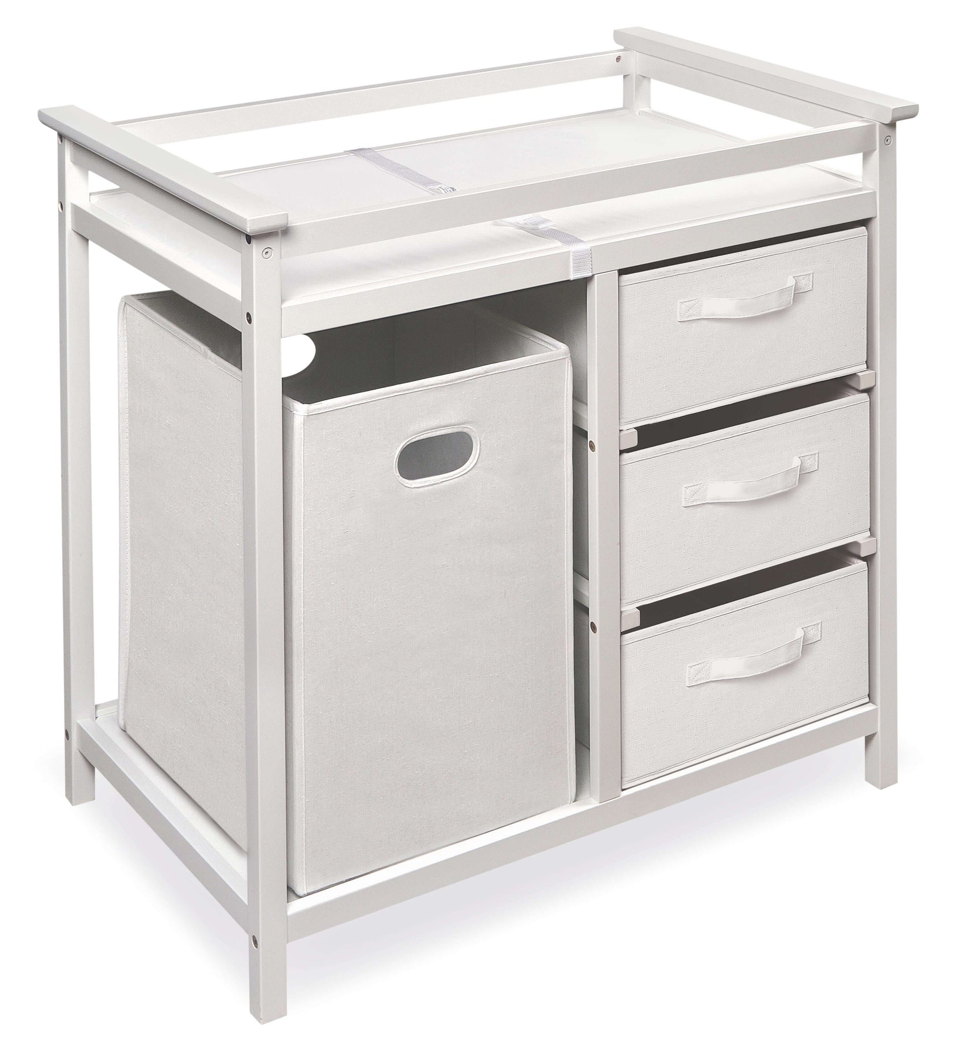 Modern Baby Changing Table with Hamper and 3 Baskets - Inclined Side View of Modern Baby Changing Table with Hamper and 3 Baskets White