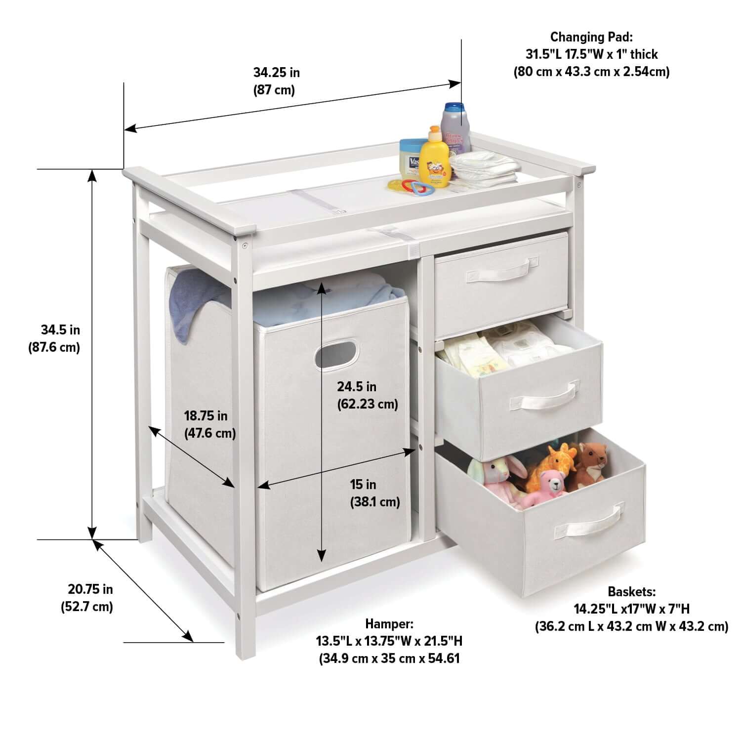 Modern Baby Changing Table with Hamper and 3 Baskets - Dimension Image of Modern Baby Changing Table with Hamper and 3 Baskets White