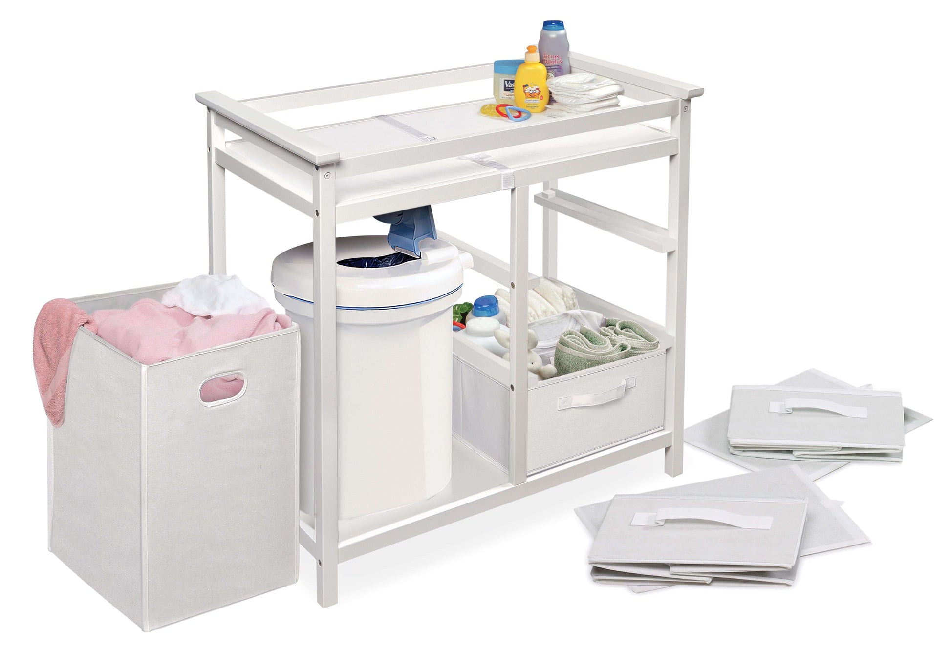 Modern Baby Changing Table with Hamper and 3 Baskets - Inclined Side View of Modern Baby Changing Table with Removeable Hamper and 3 Baskets White