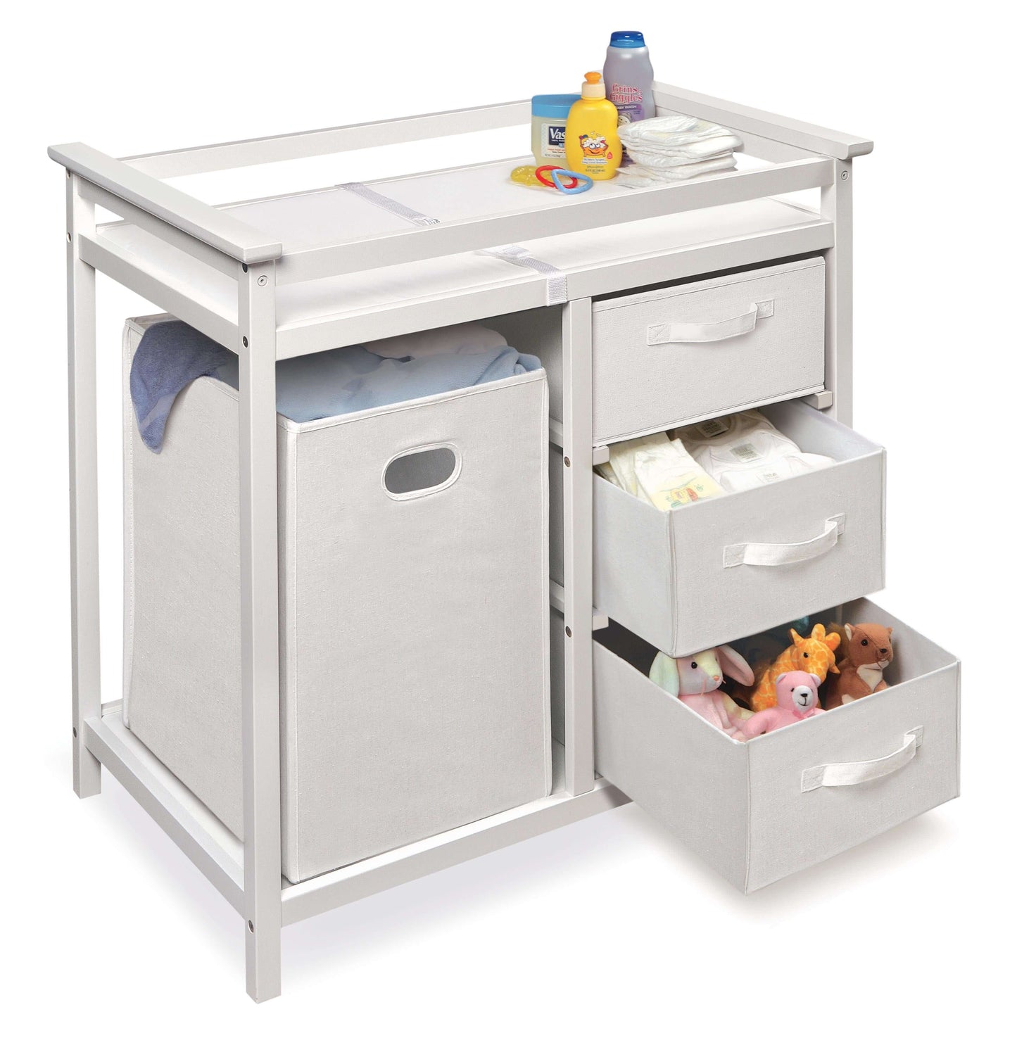 Modern Baby Changing Table with Hamper and 3 Baskets - Inclined Side View of Open Drawer Modern Baby Changing Table with Hamper and 3 Baskets White