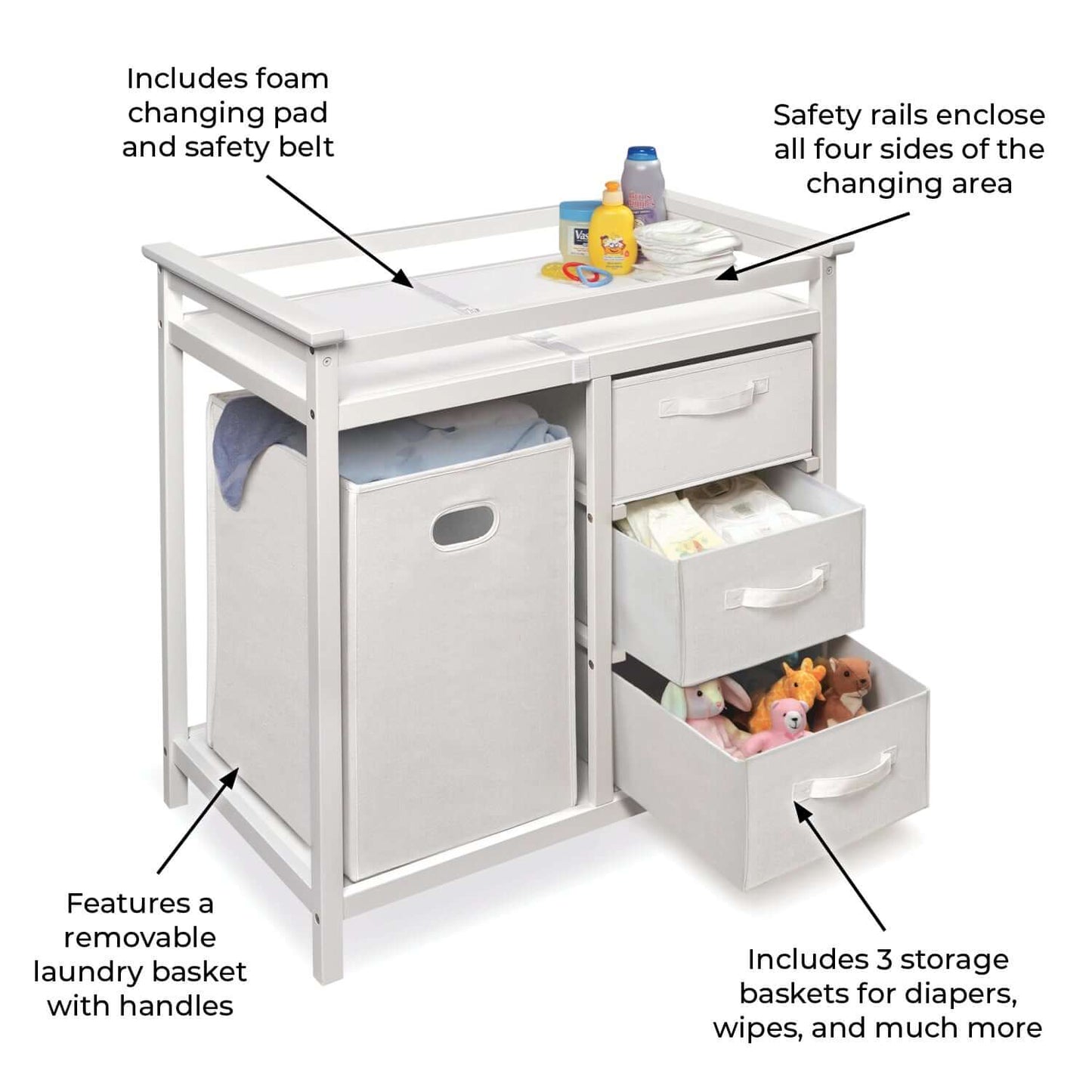 Modern Baby Changing Table with Hamper and 3 Baskets - Feature Image of Modern Baby Changing Table with Hamper and 3 Baskets White