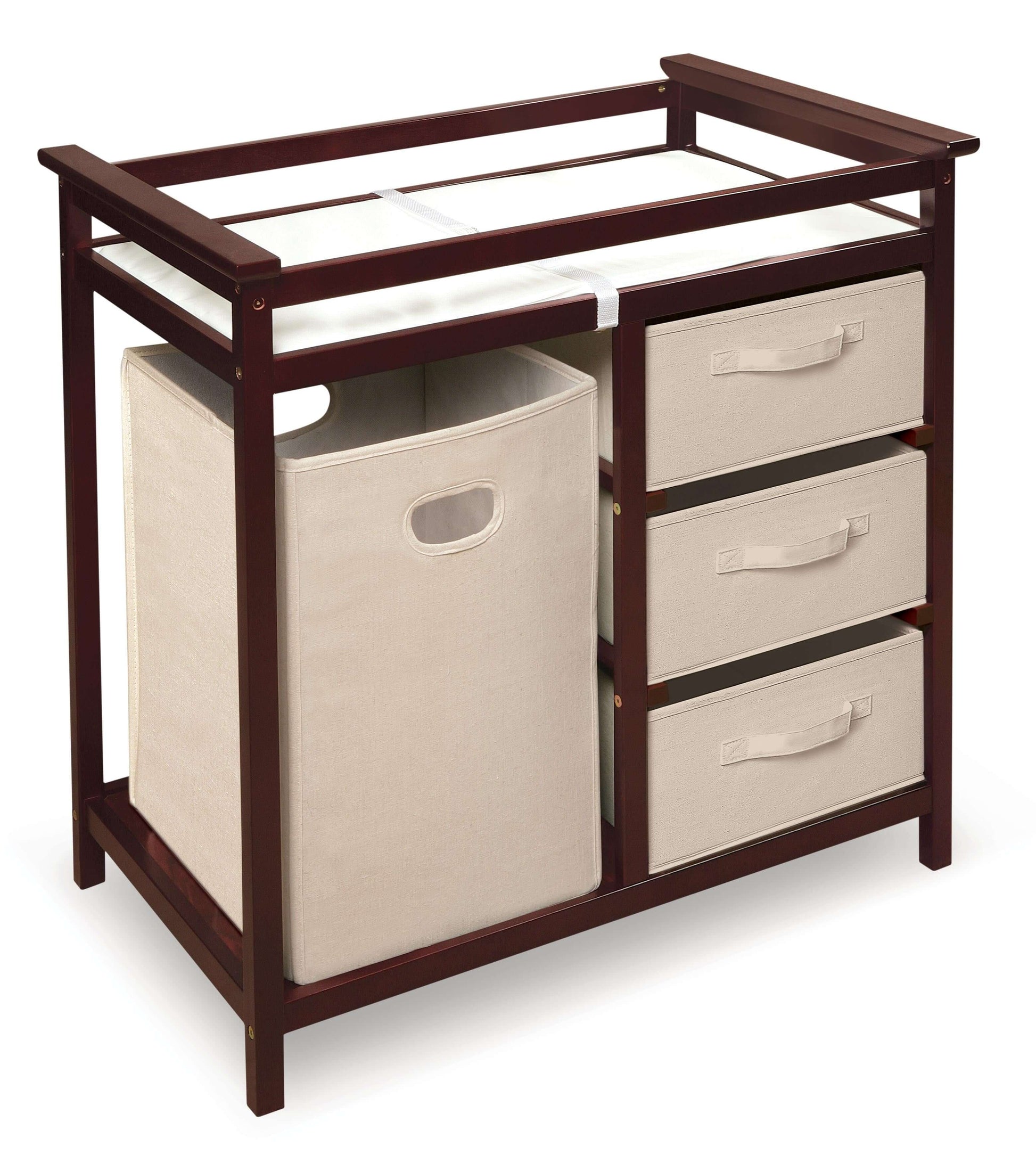 Modern Baby Changing Table with Hamper and 3 Baskets - Inclined Side View of Modern Baby Changing Table with Hamper and 3 Baskets Cherry