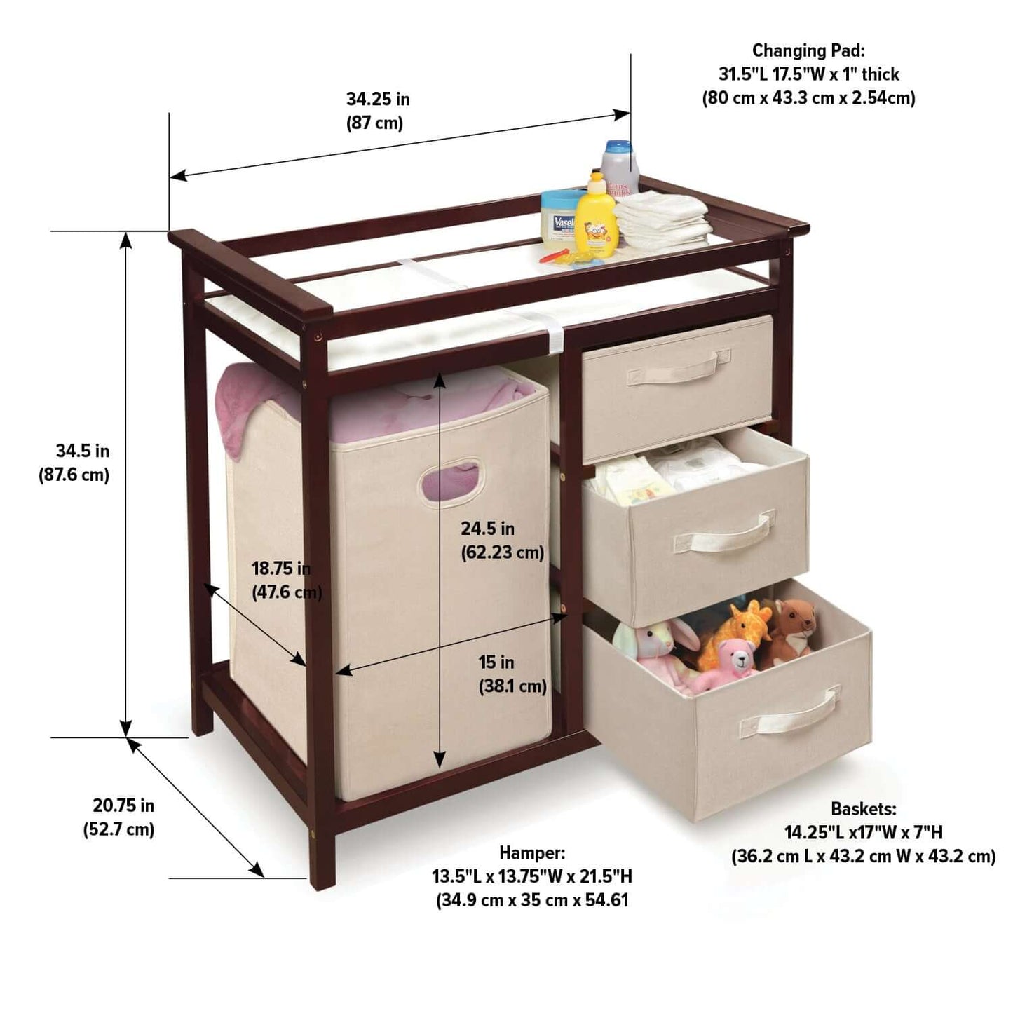 Modern Baby Changing Table with Hamper and 3 Baskets - Dimension Image of Modern Baby Changing Table with Hamper and 3 Baskets Cherry