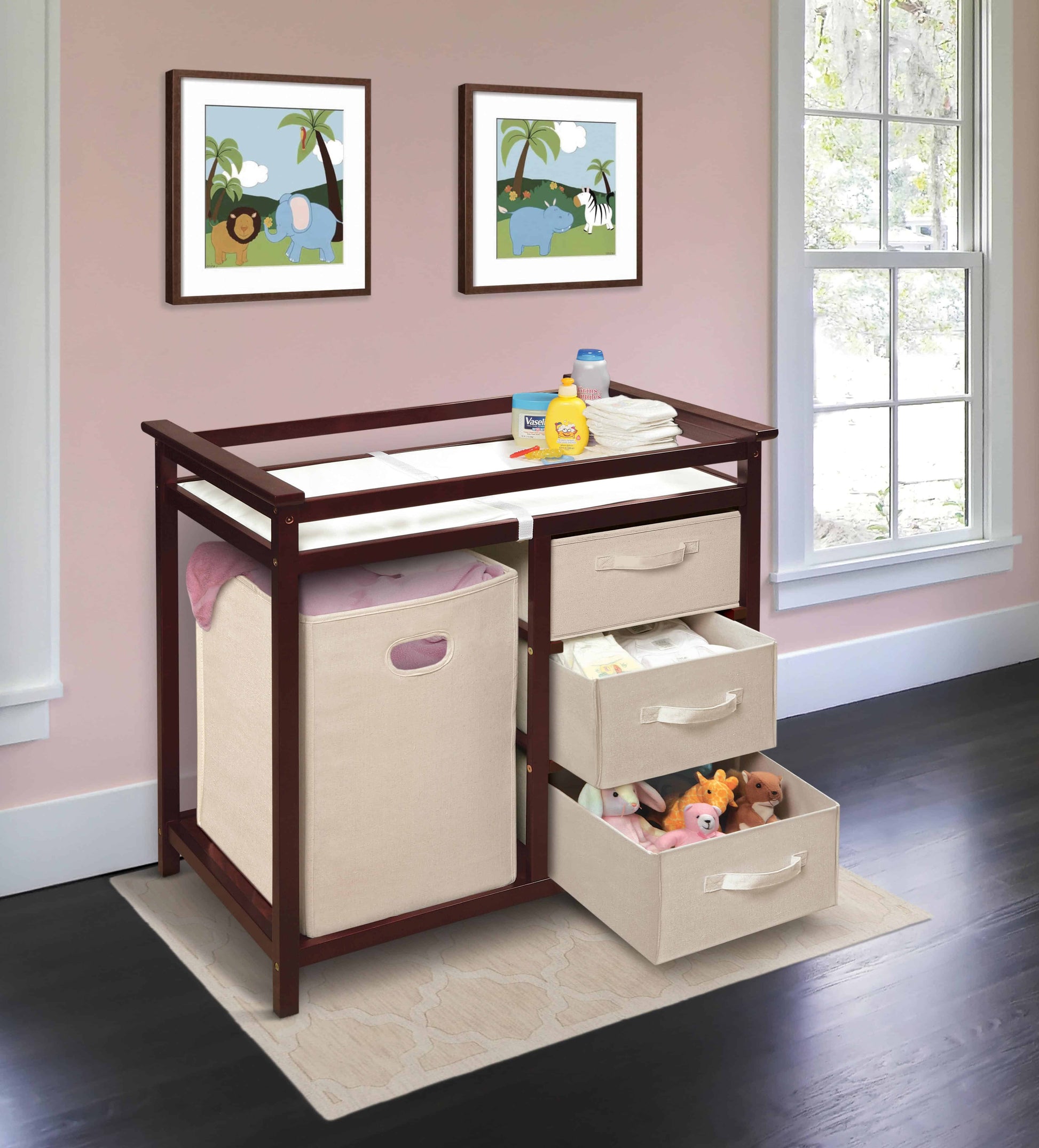 Modern Baby Changing Table with Hamper and 3 Baskets - Lifestyle Image Inclined Side View of Open Drawer Modern Baby Changing Table with Hamper and 3 Baskets Cherry