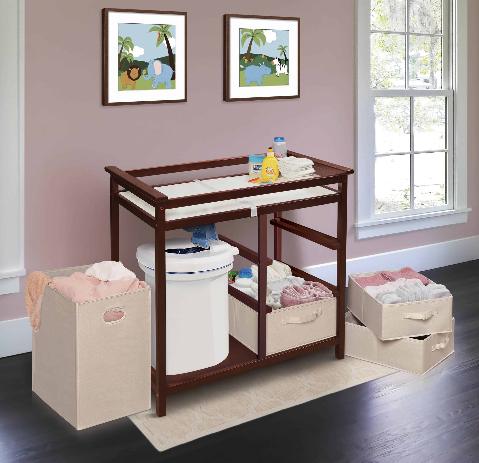 Modern Baby Changing Table with Hamper and 3 Baskets - Lifestyle Image Inclined Side View of Modern Baby Changing Table with Removeable Hamper and 3 Baskets Cherry
