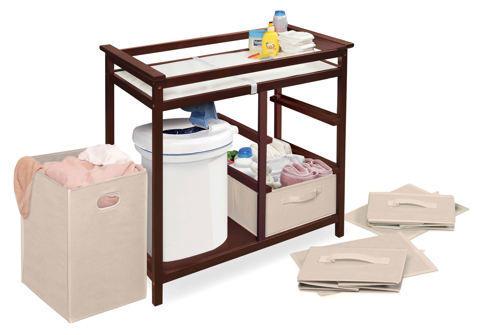 Modern Baby Changing Table with Hamper and 3 Baskets - Inclined Side View of Modern Baby Changing Table with Removeable Hamper and 3 Baskets Cherry