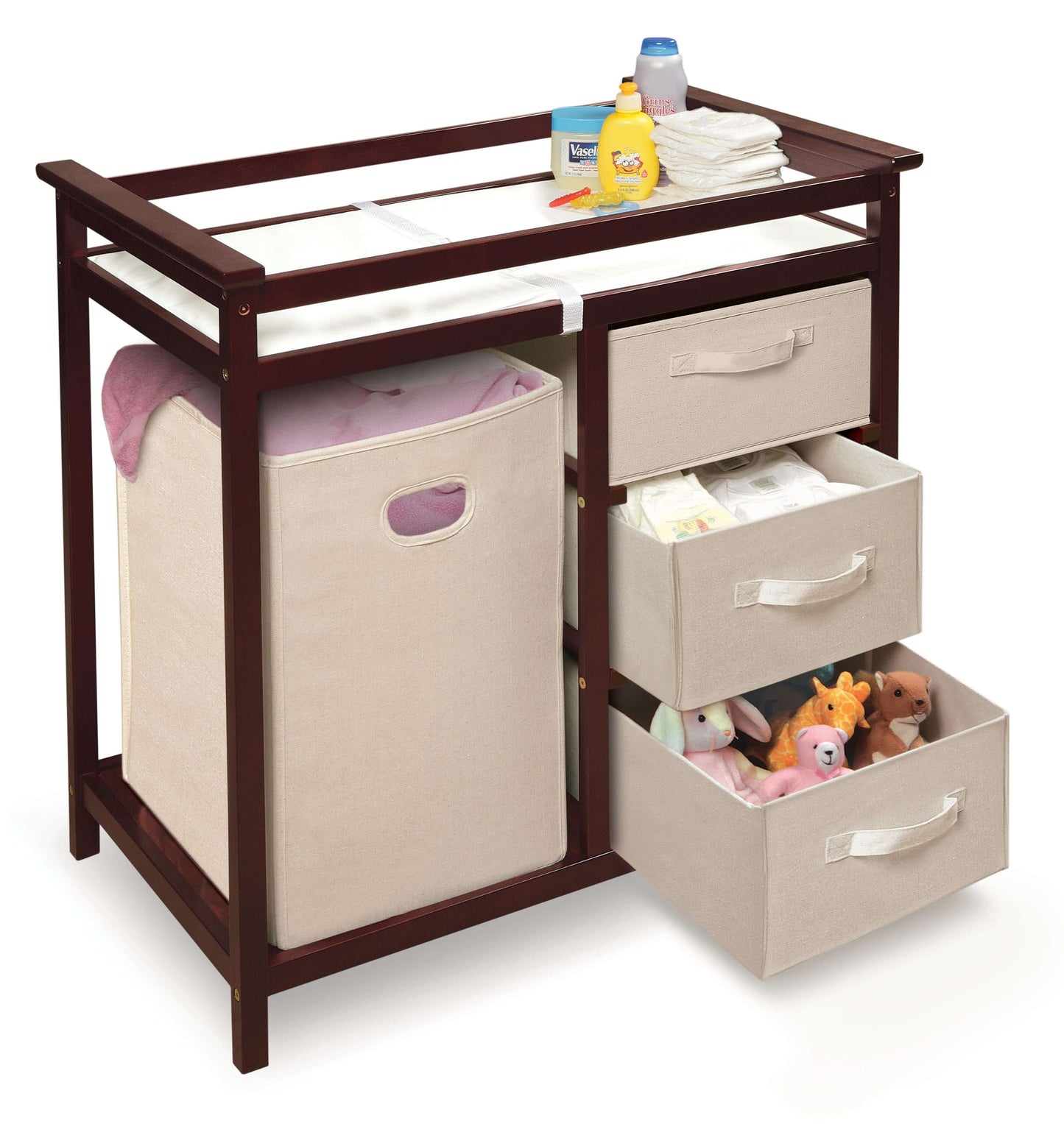 Modern Baby Changing Table with Hamper and 3 Baskets - Inclined Side View of Open Drawer Modern Baby Changing Table with Hamper and 3 Baskets Cherry