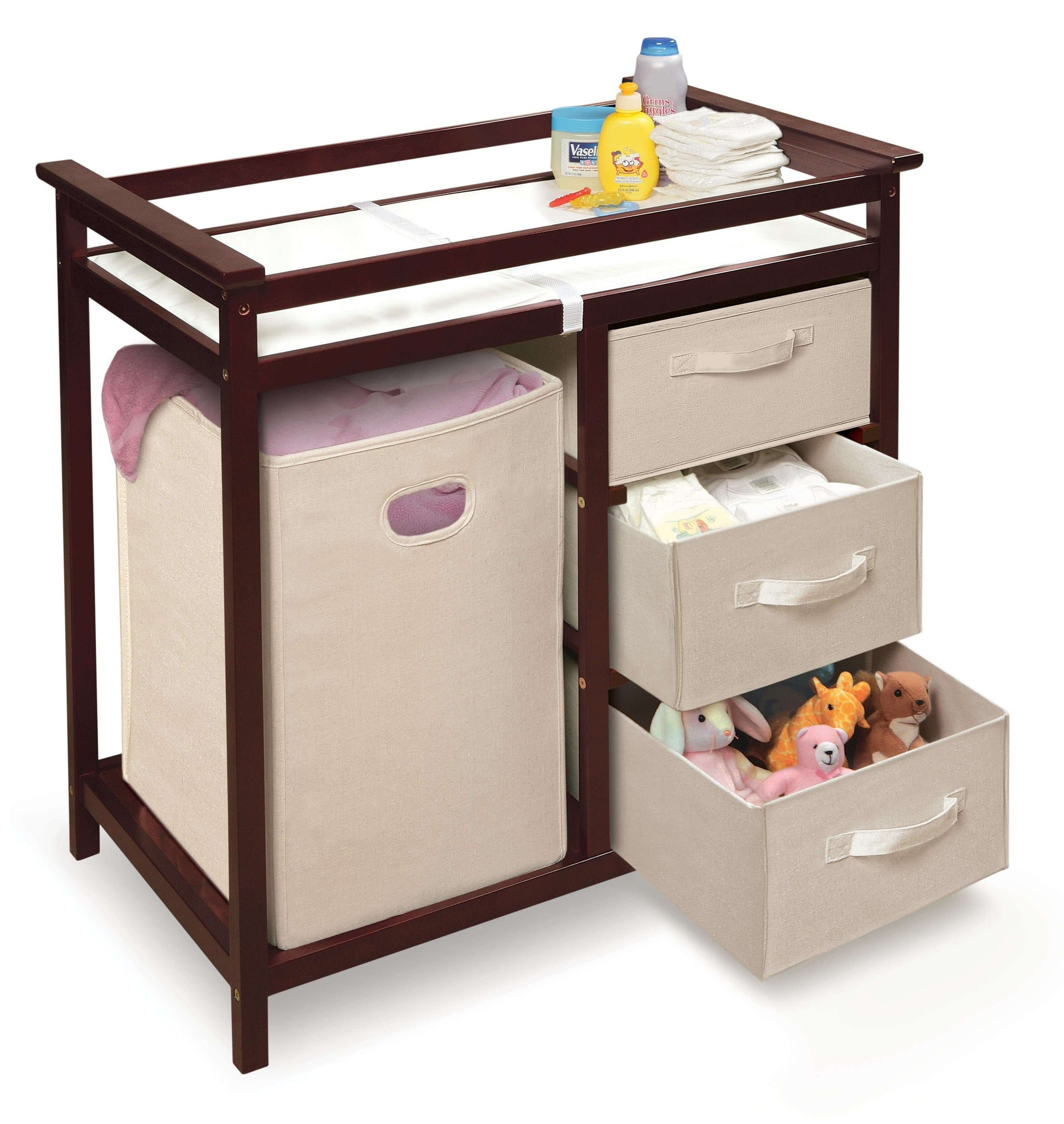 Modern Baby Changing Table with Hamper and 3 Baskets - Inclined Side View of Open Drawer Modern Baby Changing Table with Hamper and 3 Baskets Cherry
