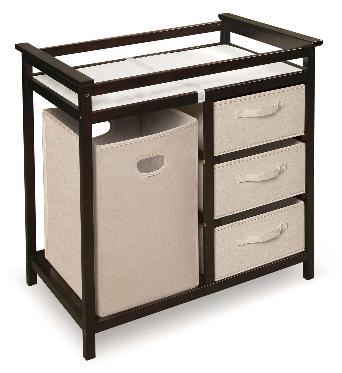 Modern Baby Changing Table with Hamper and 3 Baskets - Inclined Side View of Modern Baby Changing Table with Hamper and 3 Baskets Espresso